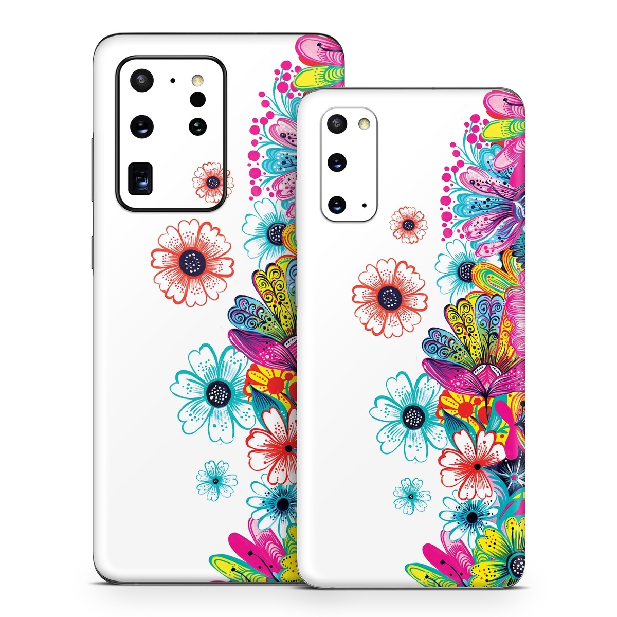 Samsung Galaxy S20 Series Skin design of Pattern, Floral design, Design, Graphic design, Flower, Wildflower, Plant, Graphics, Clip art, Visual arts, with white, pink, blue, yellow, purple, red colors