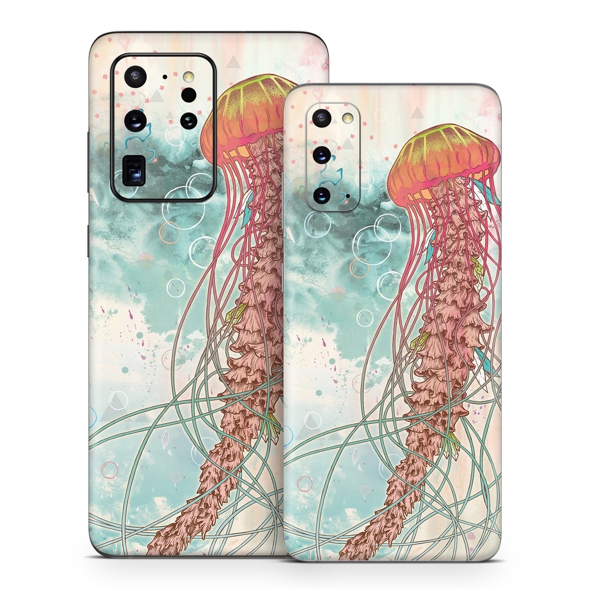 Samsung Galaxy S20 Series Skin design of Jellyfish, Illustration, Water, Cnidaria, Marine invertebrates, Organism, Portuguese man o' war, Art, Nepenthes, Invertebrate, with gray, pink, yellow, red, green colors
