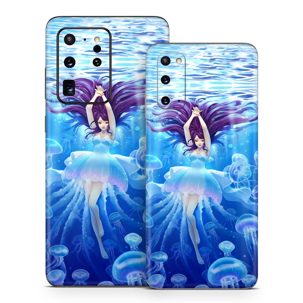 Samsung Galaxy S20 Series Skin design of Jellyfish, Cnidaria, Organism, Marine biology, Marine invertebrates, Water, Bioluminescence, Illustration, Electric blue, Fictional character, with blue, purple, gray colors