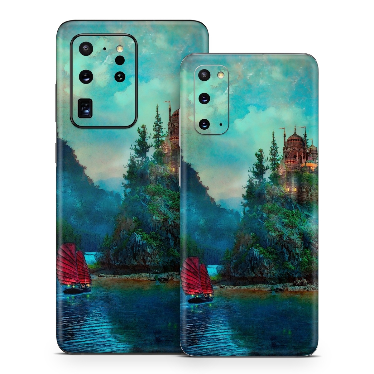Samsung Galaxy S20 Series Skin design of Nature, Natural landscape, Sky, Painting, Landscape, Illustration, Watercolor paint, Art, Calm, Water castle, with black, gray, blue, green colors