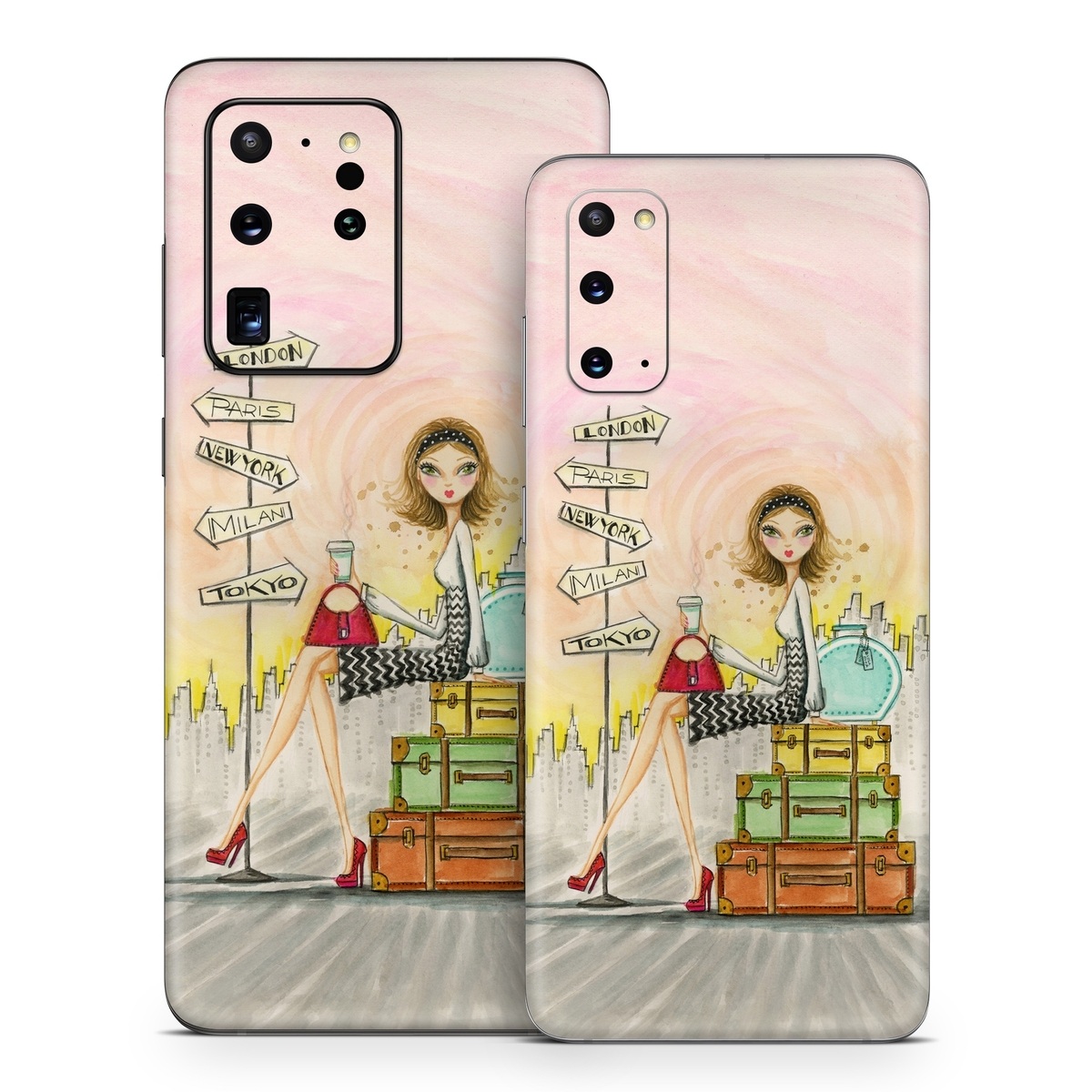 Samsung Galaxy S20 Series Skin design of Cartoon, Illustration, Art, Watercolor paint, with gray, pink, green, red, black colors