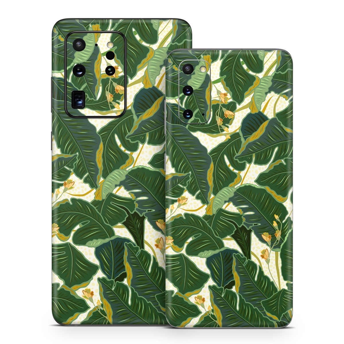 Samsung Galaxy S20 Series Skin design of Leaf, Plant, Flower, Pattern, Botany, Tree, Design, Flowering plant, Arrowroot family, Terrestrial plant, with green, yellow colors