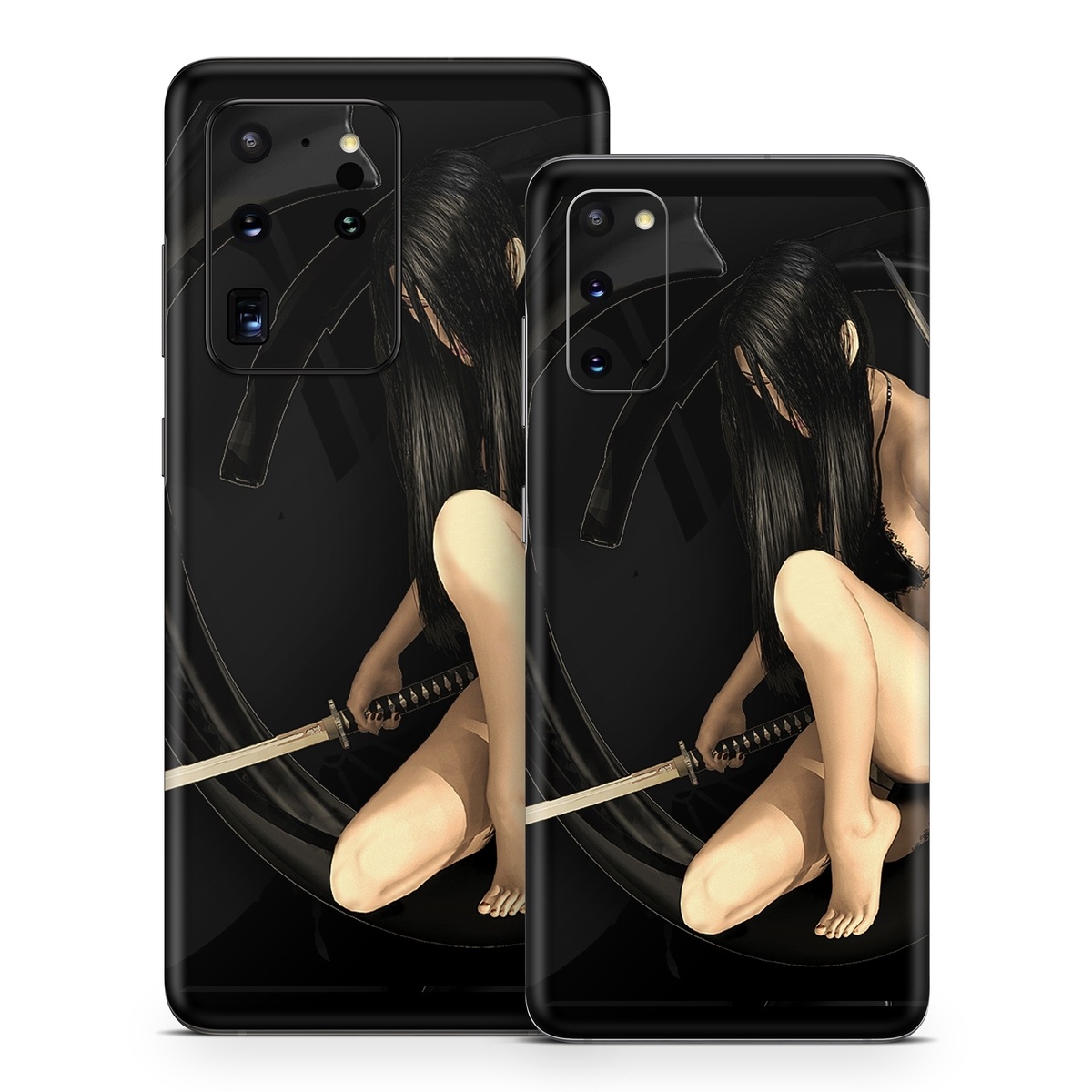 Samsung Galaxy S20 Series Skin design of Black, Photography, Leg, Black hair, Cg artwork, Darkness, Fetish model, Sitting, Flash photography, with black, yellow, gray, white colors