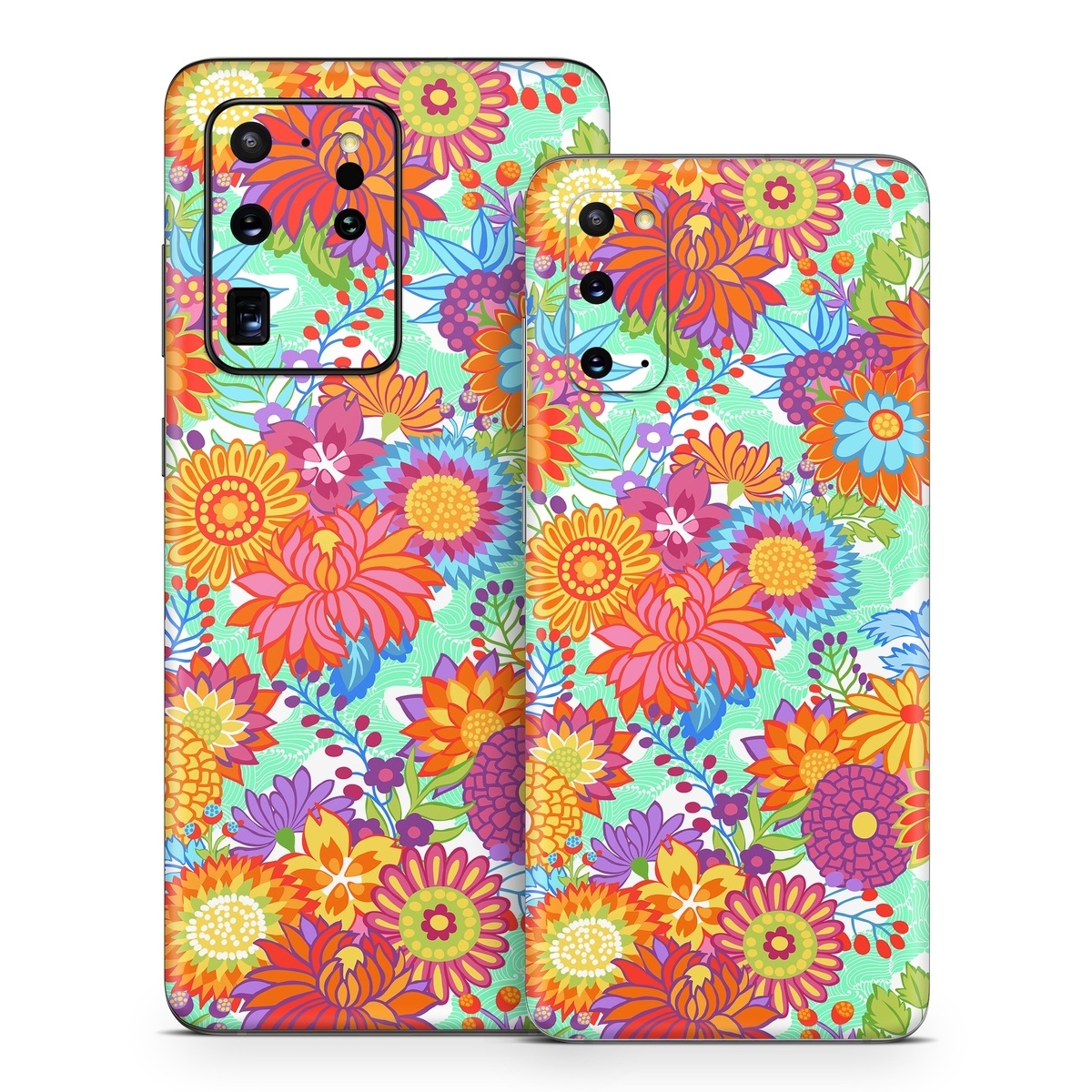 Samsung Galaxy S20 Series Skin design of Pattern, Floral design, Orange, Flower, Design, Textile, Plant, Wildflower, Wrapping paper, Visual arts, with gray, orange, green, purple colors