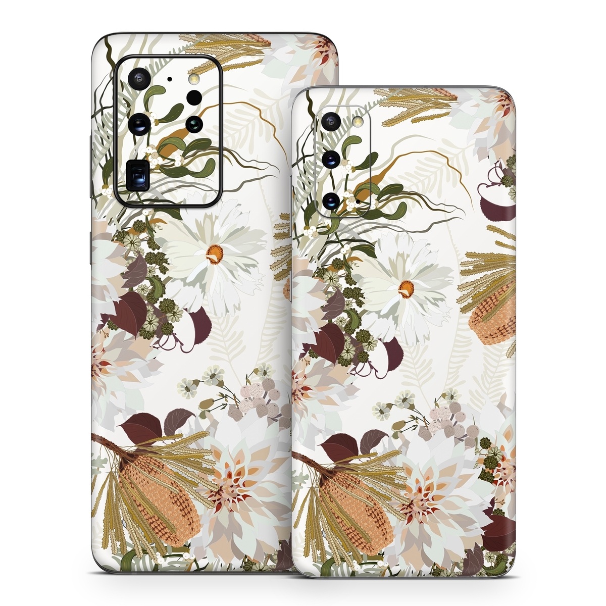 Samsung Galaxy S20 Series Skin design of Flower, Botany, Plant, Floral design, Wildflower, Pattern, Wallpaper, Textile, Petal, Butterfly, with white, brown, green, gray colors