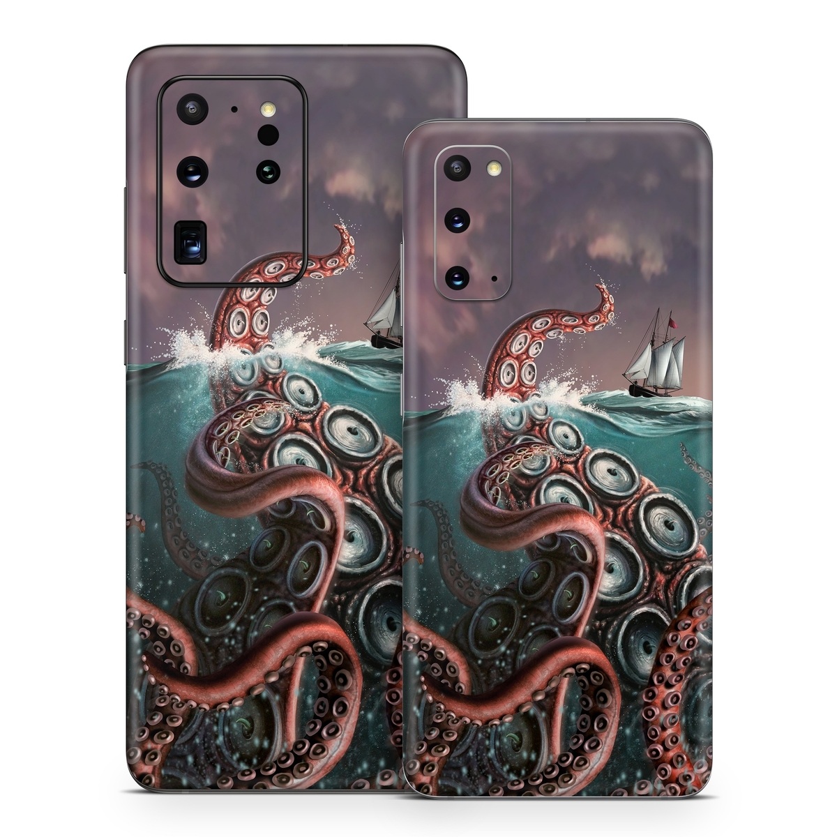 Samsung Galaxy S20 Series Skin design of Octopus, Water, Illustration, Wind wave, Sky, Graphic design, Organism, Cephalopod, Cg artwork, giant pacific octopus, with blue, gray, white, brown, red colors