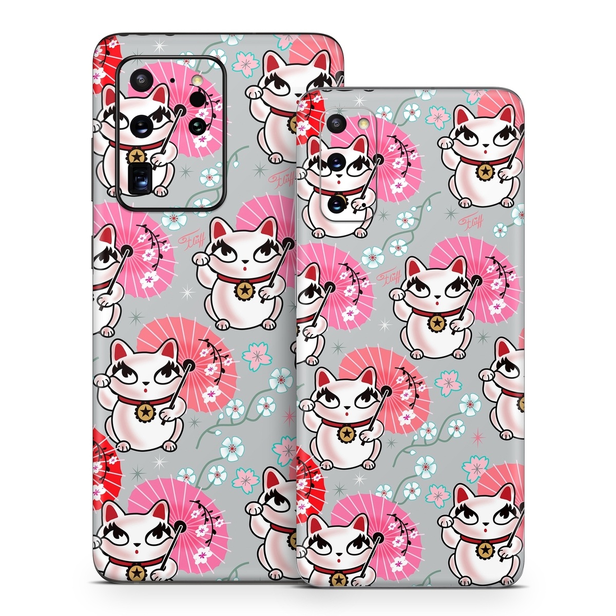 Samsung Galaxy S20 Series Skin design of Pink, Red, Cartoon, Design, Line, Textile, Pattern, Illustration, Smile, Fictional character, with white, red, pink, gray, blue, black colors