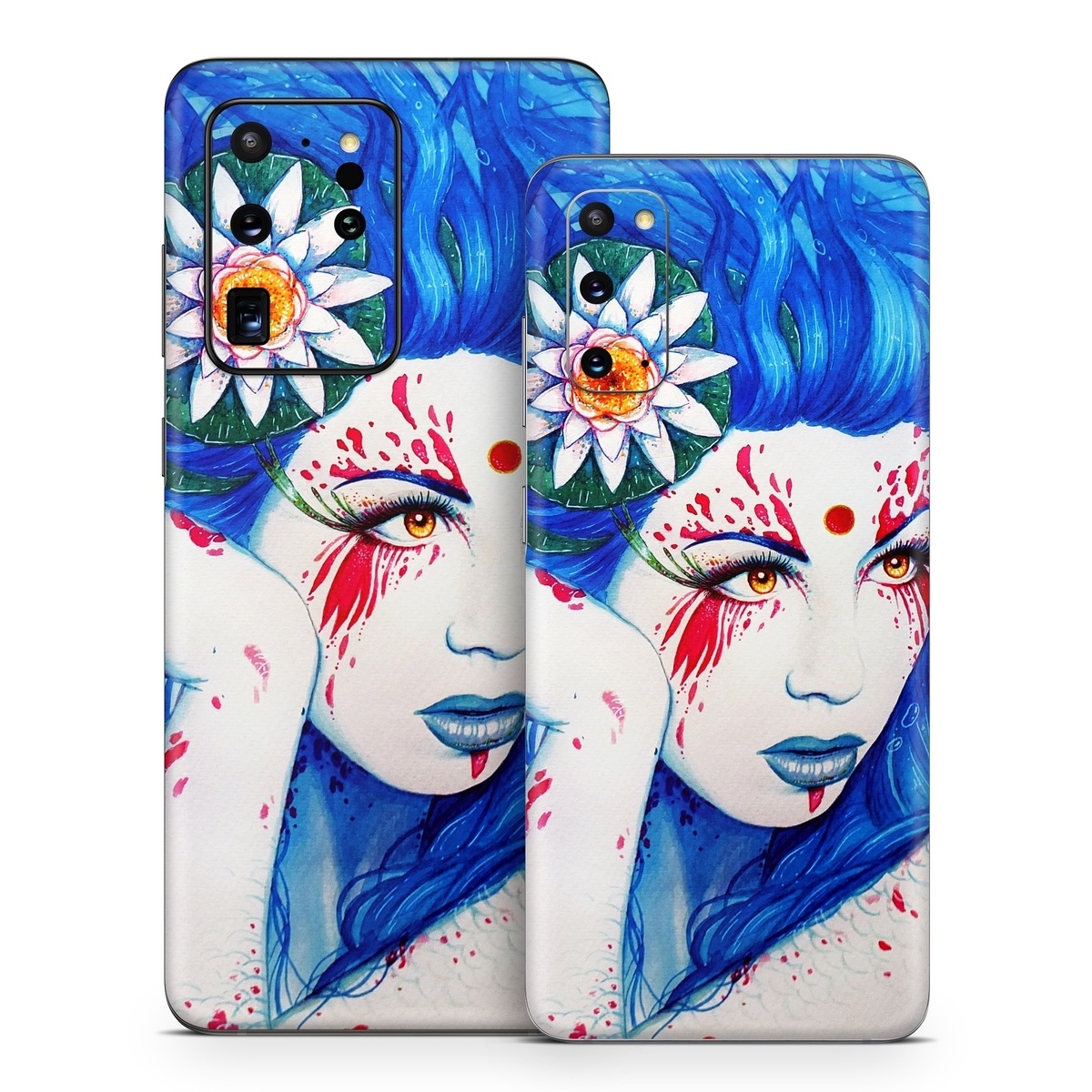 Samsung Galaxy S20 Series Skin design of Hairstyle, Paint, Art paint, Blue, Painting, Eyelash, Art, Artist, Electric blue, Illustration, with white, blue, red, yellow, green, orange colors