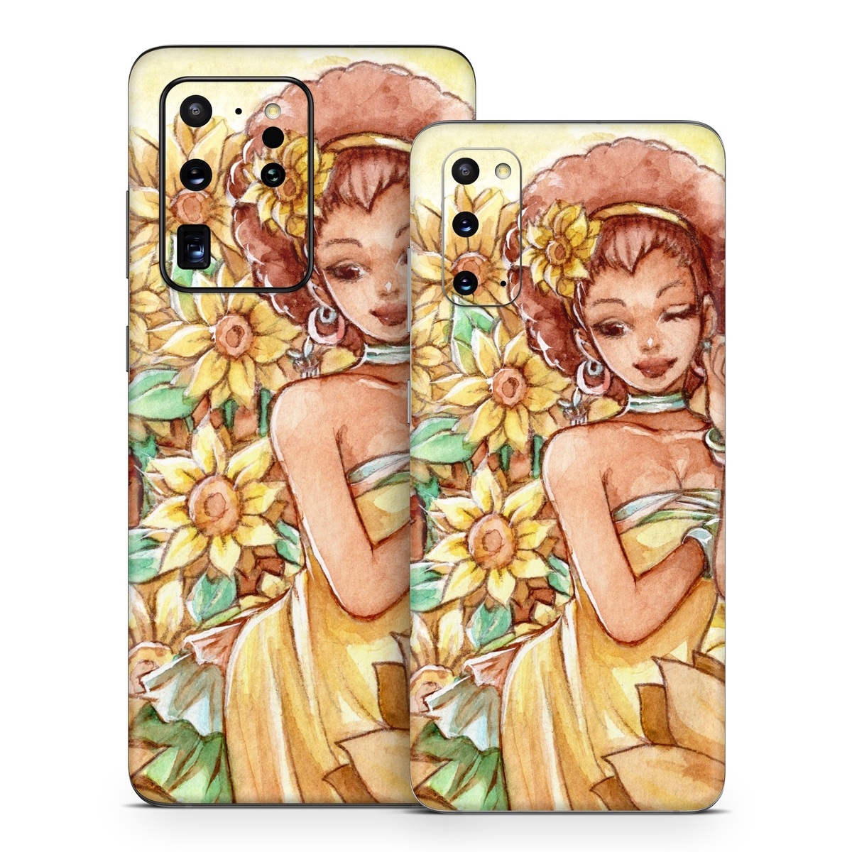 Samsung Galaxy S20 Series Skin design of Painting, Illustration, Art, Fictional character, Plant, Flower, Clip art, with yellow, orange, brown, green colors