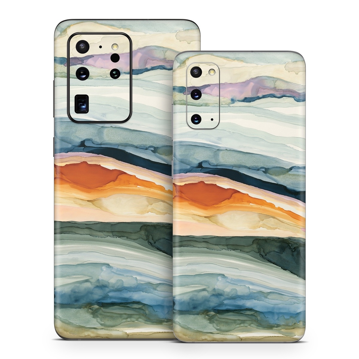 Samsung Galaxy S20 Series Skin design of Watercolor paint, Painting, Sky, Wave, Geology, Landscape, Pattern, Acrylic paint, Cloud, Paint, with blue, purple, orange, yellow, red, green, brown colors