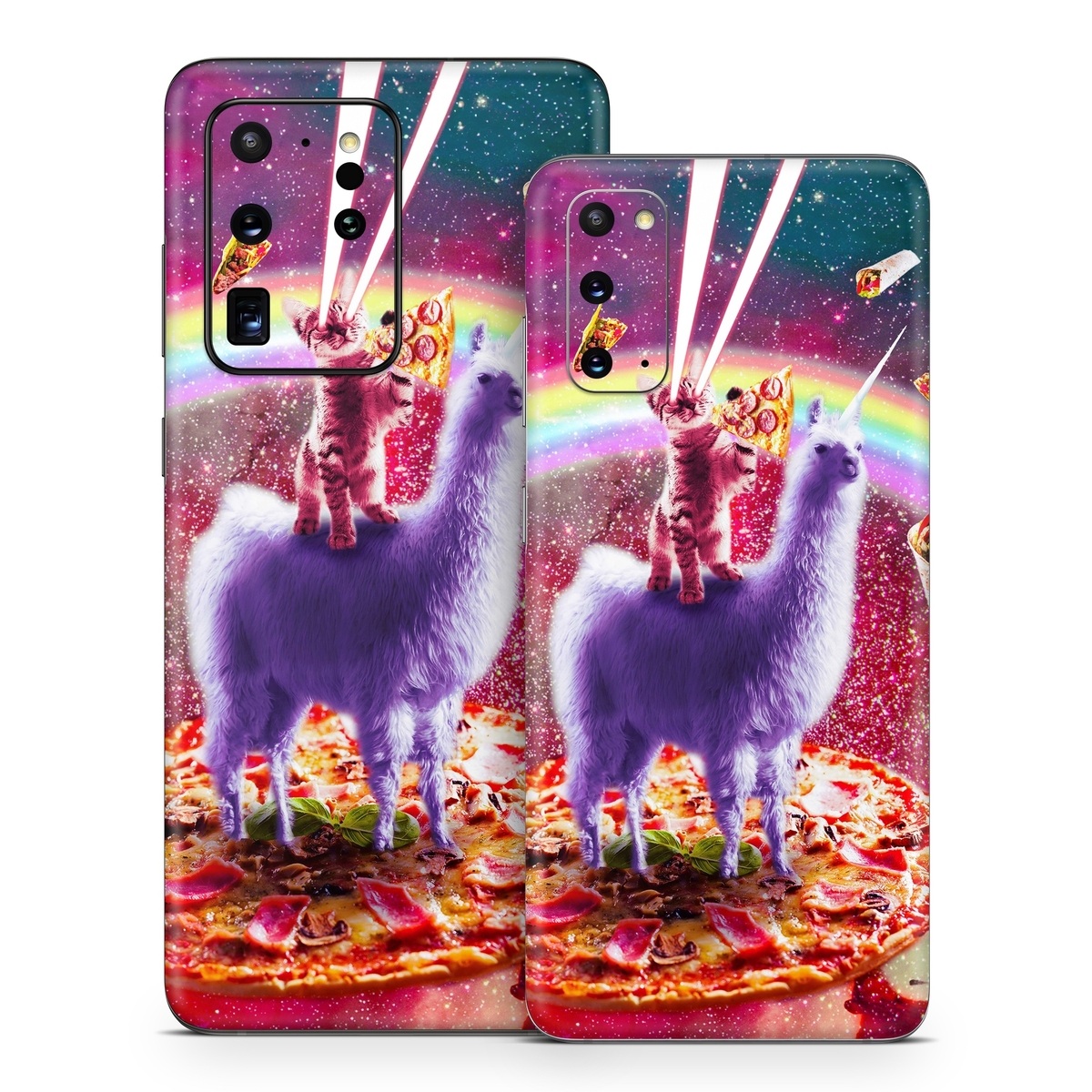 Samsung Galaxy S20 Series Skin design of Llama, Unicorn, Fictional character, Illustration, Graphic design, Livestock, Camelid, Mythical creature, Graphics, Art, with red, white, yellow, gray, purple, blue, green colors