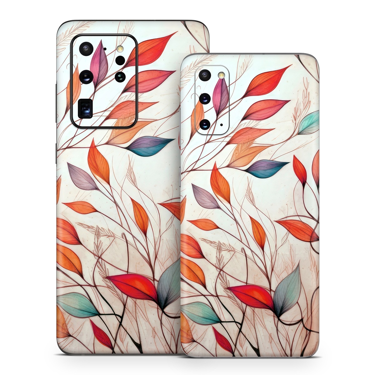 Samsung Galaxy S20 Series Skin design of Plant, Vertebrate, Art paint, Nature, Botany, Leaf, Branch, Twig, Textile, Orange, with yellow, orange, red, white, brown, blue colors