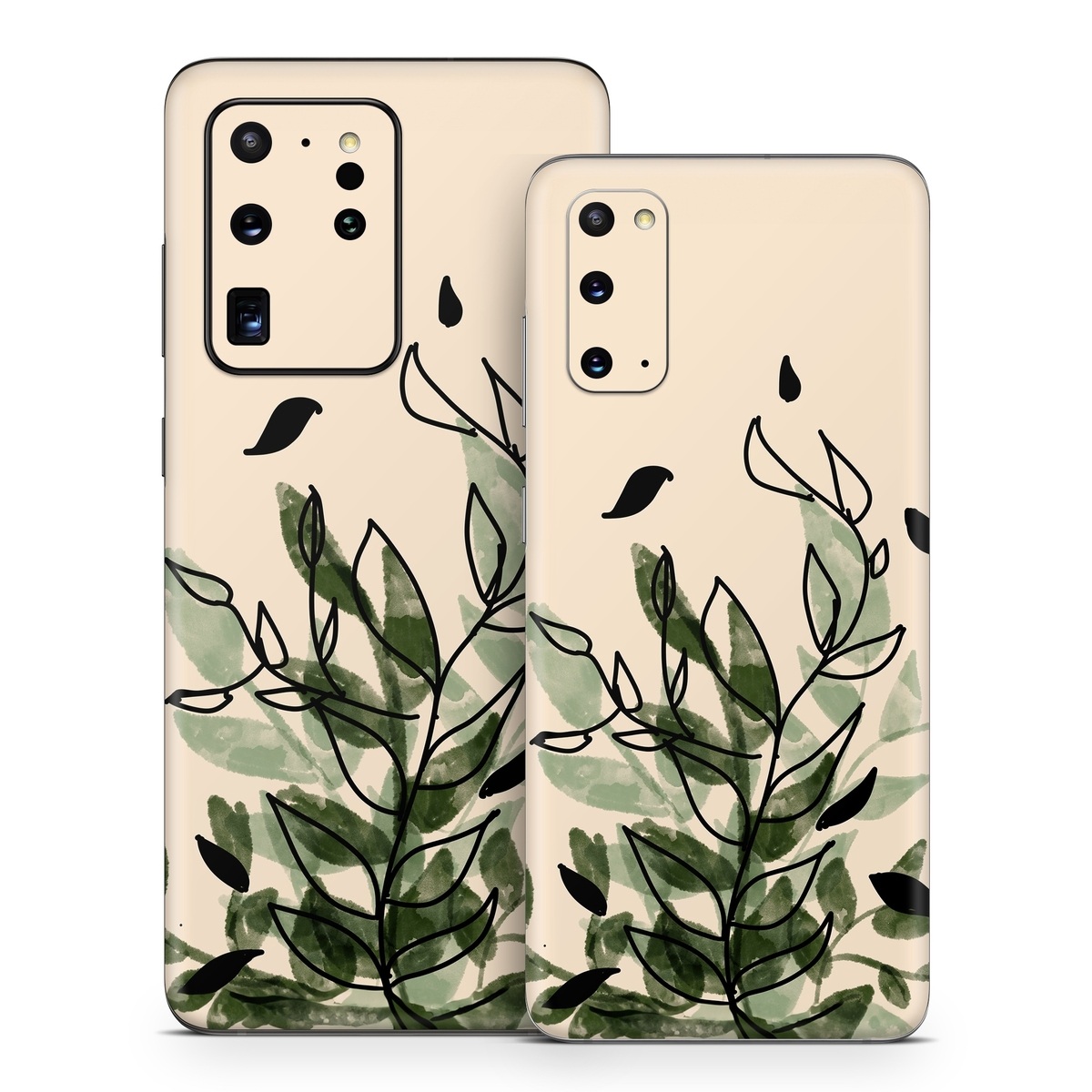 Samsung Galaxy S20 Series Skin design of Leaf, Plant, Botany, Branch, Flower, Plant Stem, Pedicel, Twig, Illustration, with green, black, brown colors