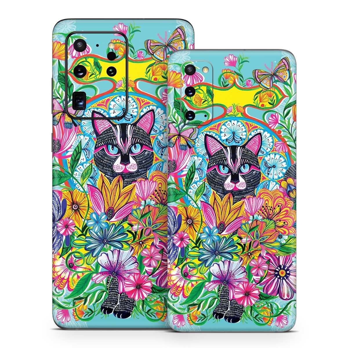 Samsung Galaxy S20 Series Skin design of Visual arts, Art, Plant, Illustration, Pattern, Floral design, Flower, Wildflower, with white, blue, pink, black, green, yellow colors