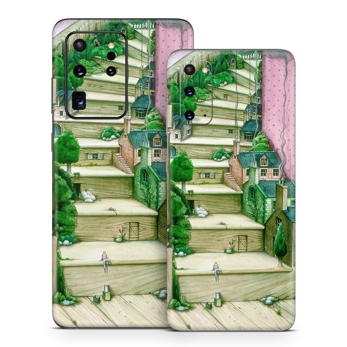 Samsung Galaxy S20 Series Skin design of Green, Stairs, House, Watercolor paint, Home, Illustration, Building, Wood, Plant, Sketch, with pink, green, brown colors