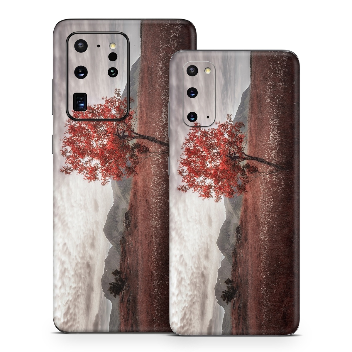 Samsung Galaxy S20 Series Skin design of Natural landscape, Nature, Tree, Sky, Red, Natural environment, Atmospheric phenomenon, Leaf, Cloud, Woody plant, with black, gray, red colors