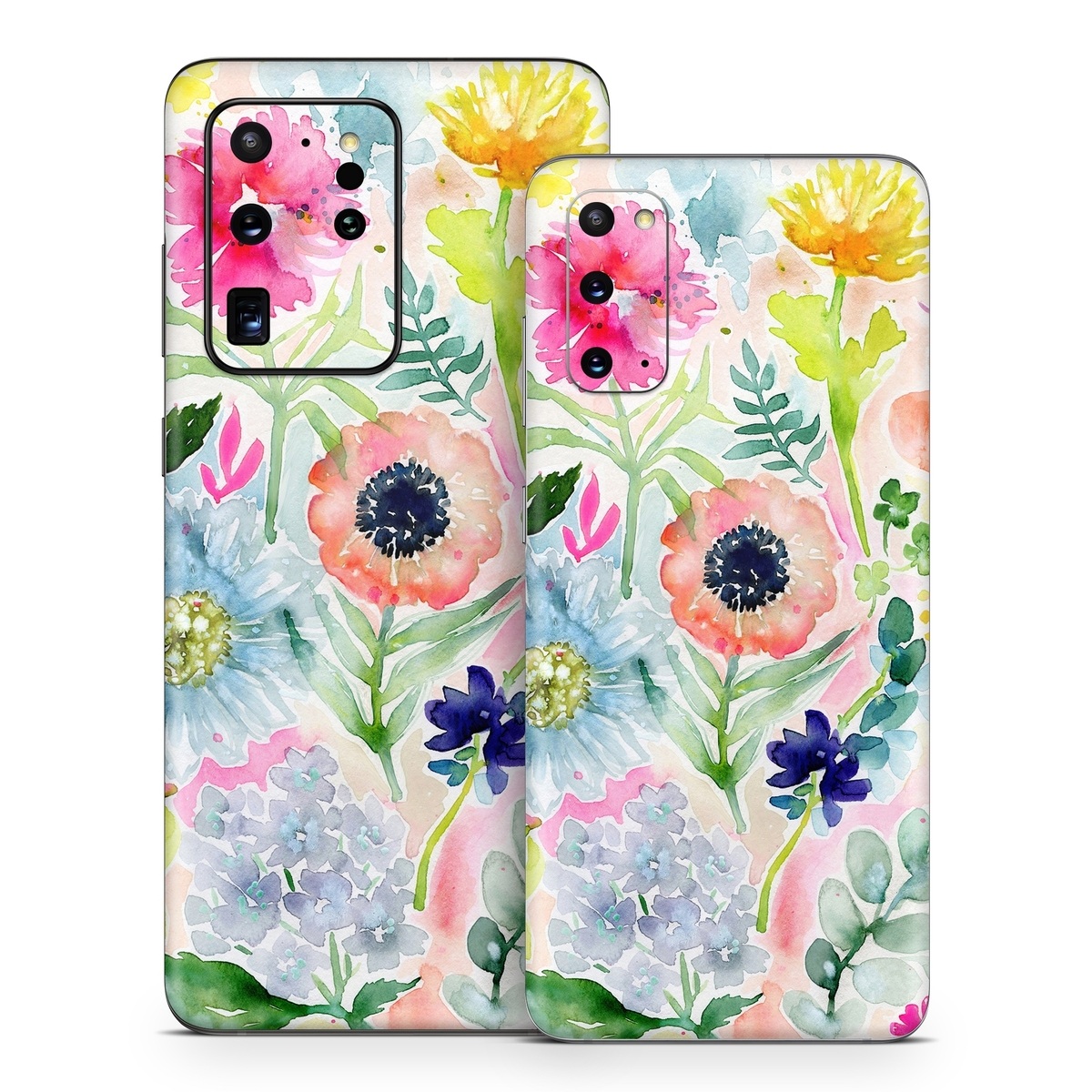 Samsung Galaxy S20 Series Skin design of Flower, Watercolor paint, Plant, Flowering plant, Pattern, Floral design, Botany, Petal, Wildflower, Design, with green, pink, yellow, orange, blue, red, purple colors