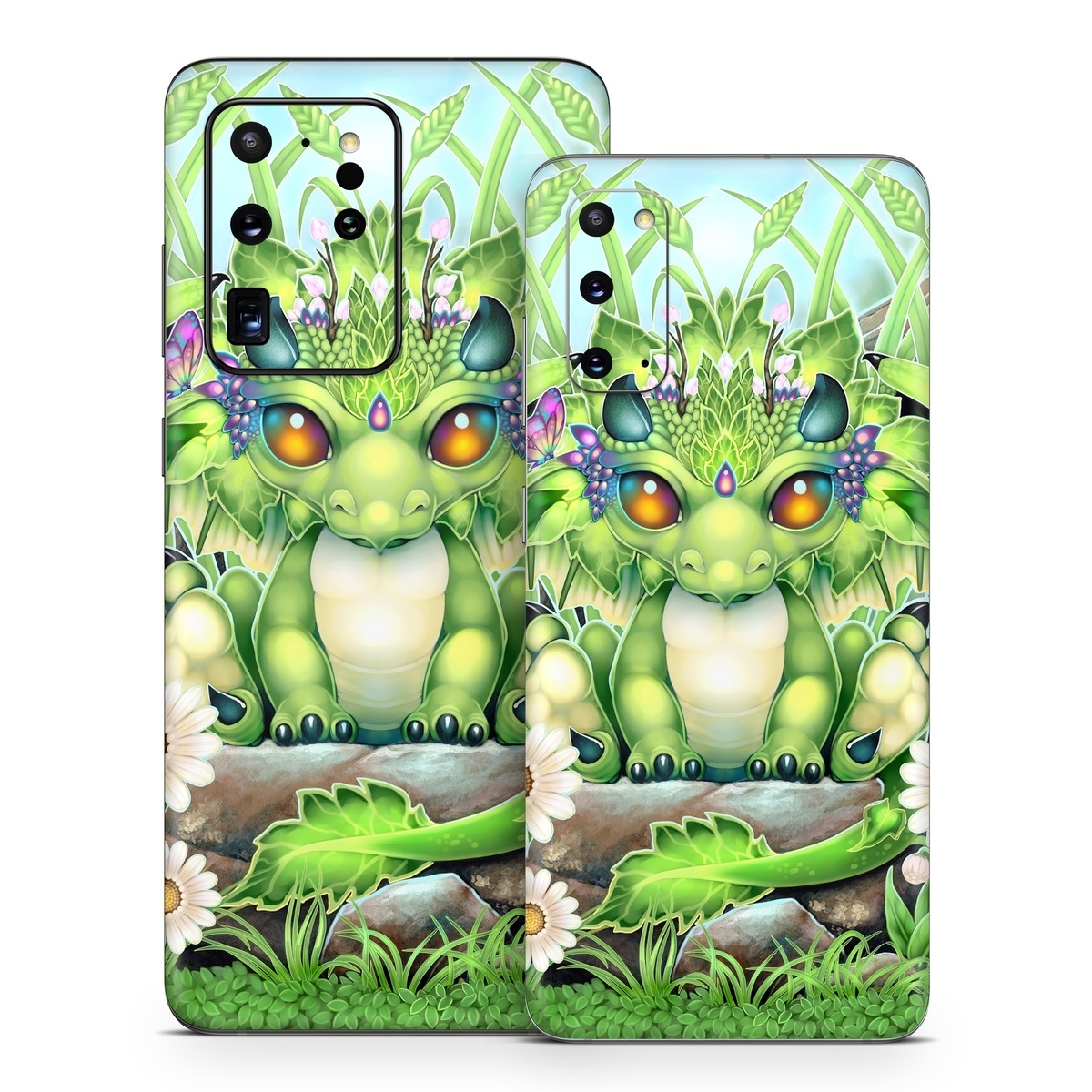 Samsung Galaxy S20 Series Skin design of Plant, Green, Leaf, Natural environment, Flower, Terrestrial plant, Grass, Creative arts, People in nature, Art, with green, white, yellow, brown, blue colors