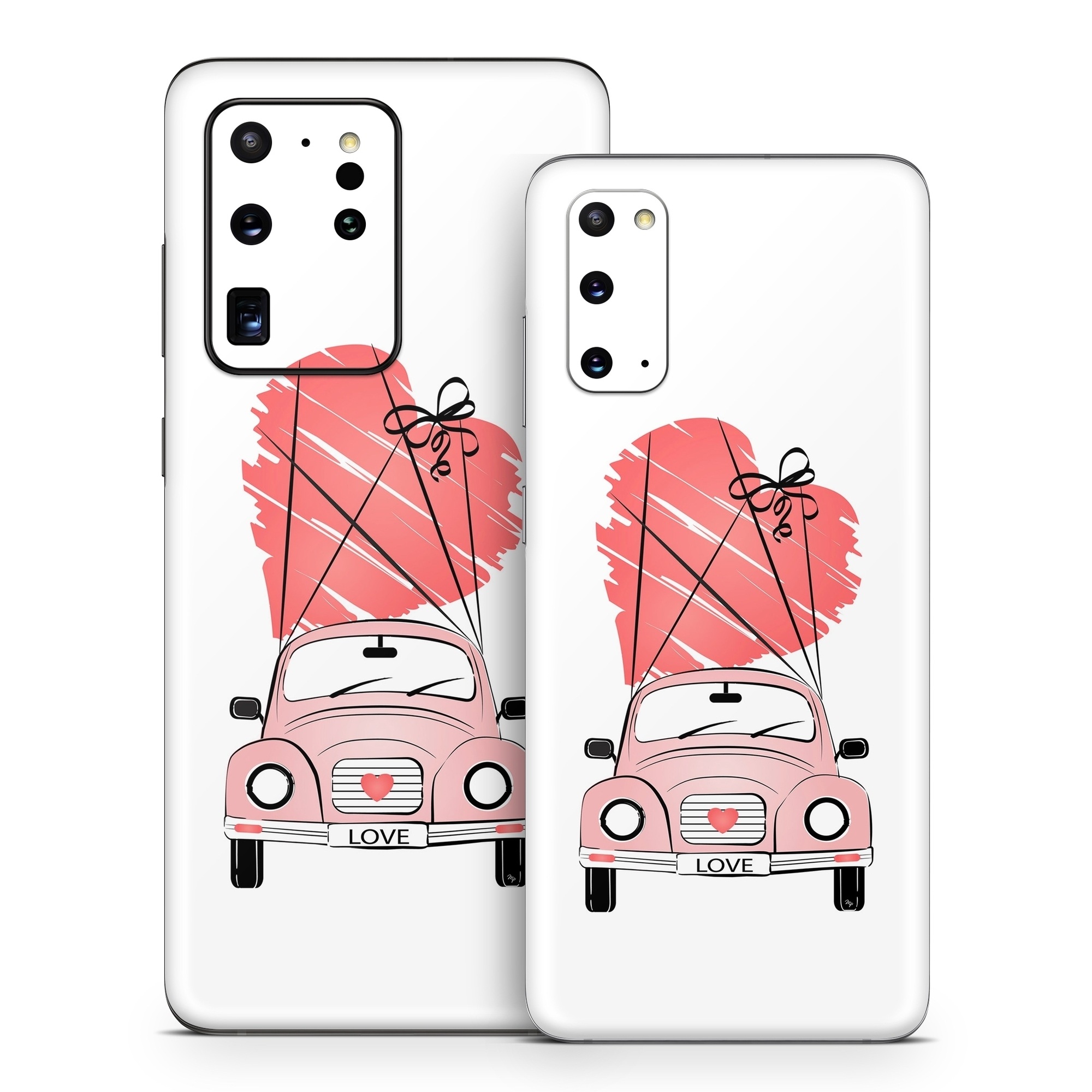 Samsung Galaxy S20 Series Skin design of Land vehicle, Wheel, Vehicle, Tire, Hood, Automotive lighting, Car, Motor vehicle, Kit car, Cartoon, with white, pink, black, red colors