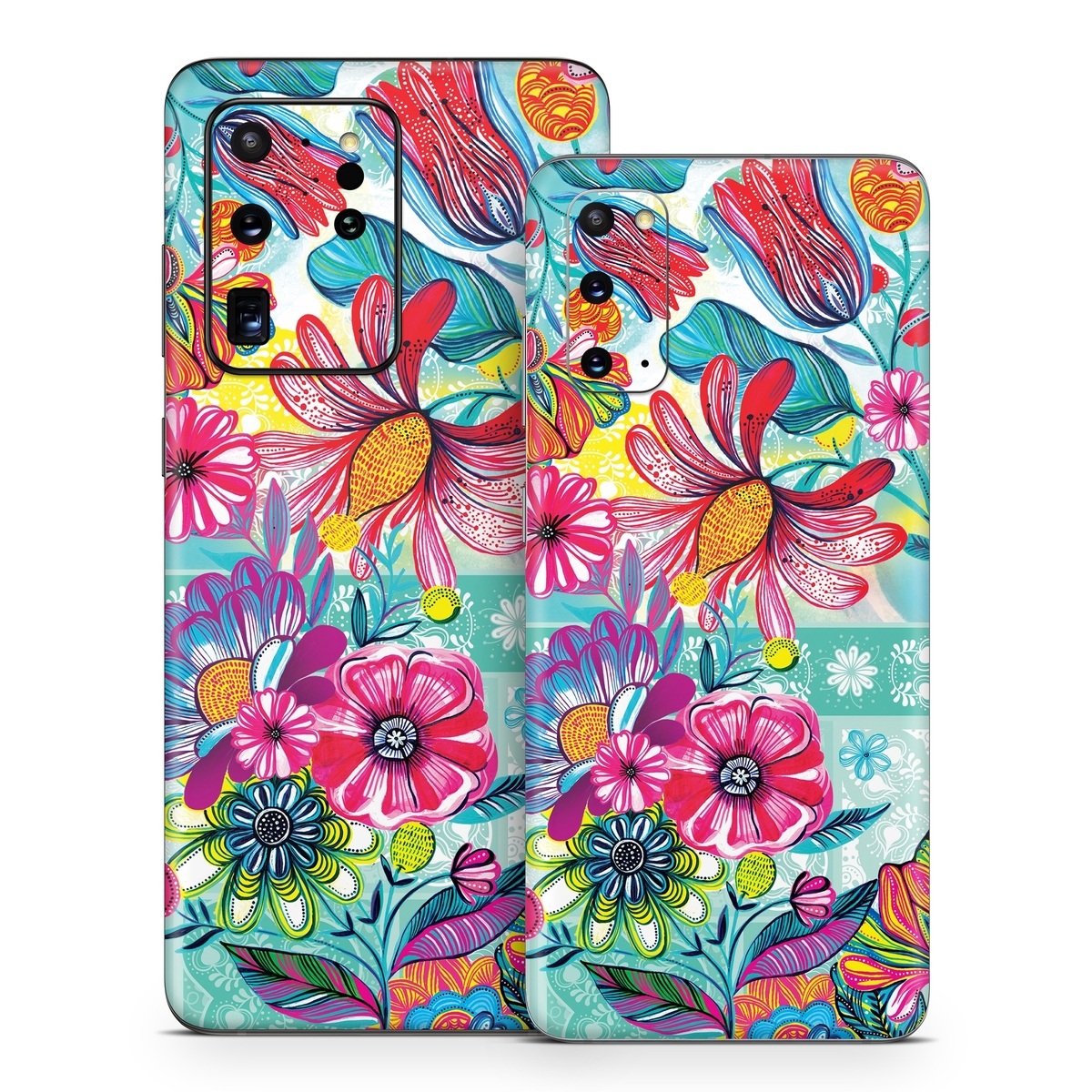 Samsung Galaxy S20 Series Skin design of Pattern, Floral design, Textile, Pink, Design, Flower, Visual arts, Wildflower, Plant, with blue, pink, purple, red, green, yellow, orange colors
