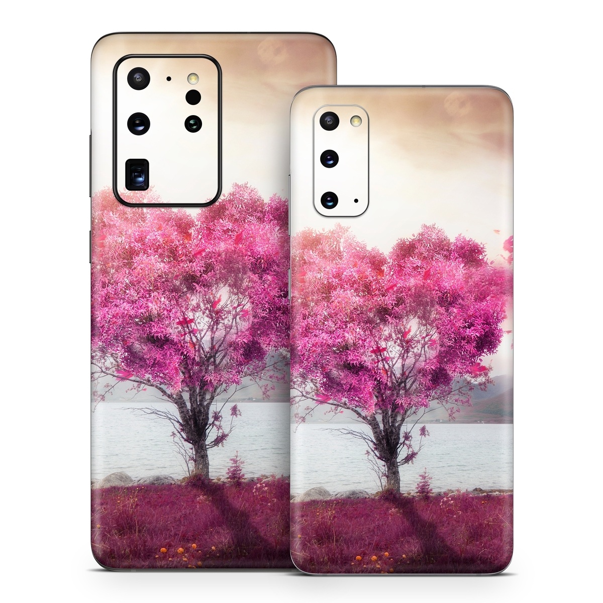 Samsung Galaxy S20 Series Skin design of Sky, Nature, Natural landscape, Pink, Tree, Spring, Purple, Landscape, Cloud, Magenta, with pink, yellow, blue, black, gray colors