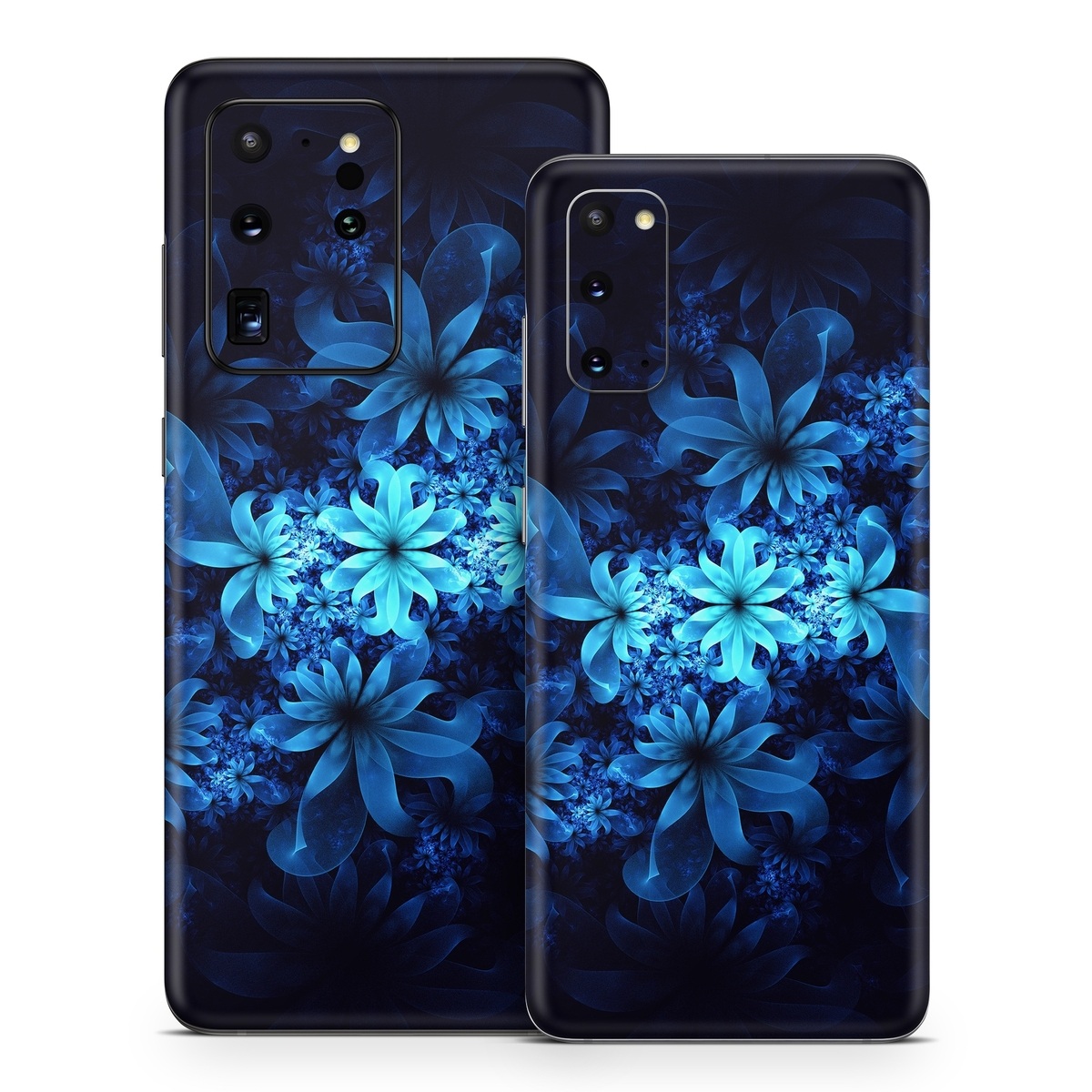 Samsung Galaxy S20 Series Skin design of Nature, Blue, Petal, Organism, Darkness, Flower, Colorfulness, Electric Blue, Majorelle Blue, Pattern, Botany, Still Life Photography, Space, Aquatic Plant, Fractal Art, Visual Arts, Illustration, Symmetry, Midnight, Wildflower, Painting, Still Life, with black, blue, white colors