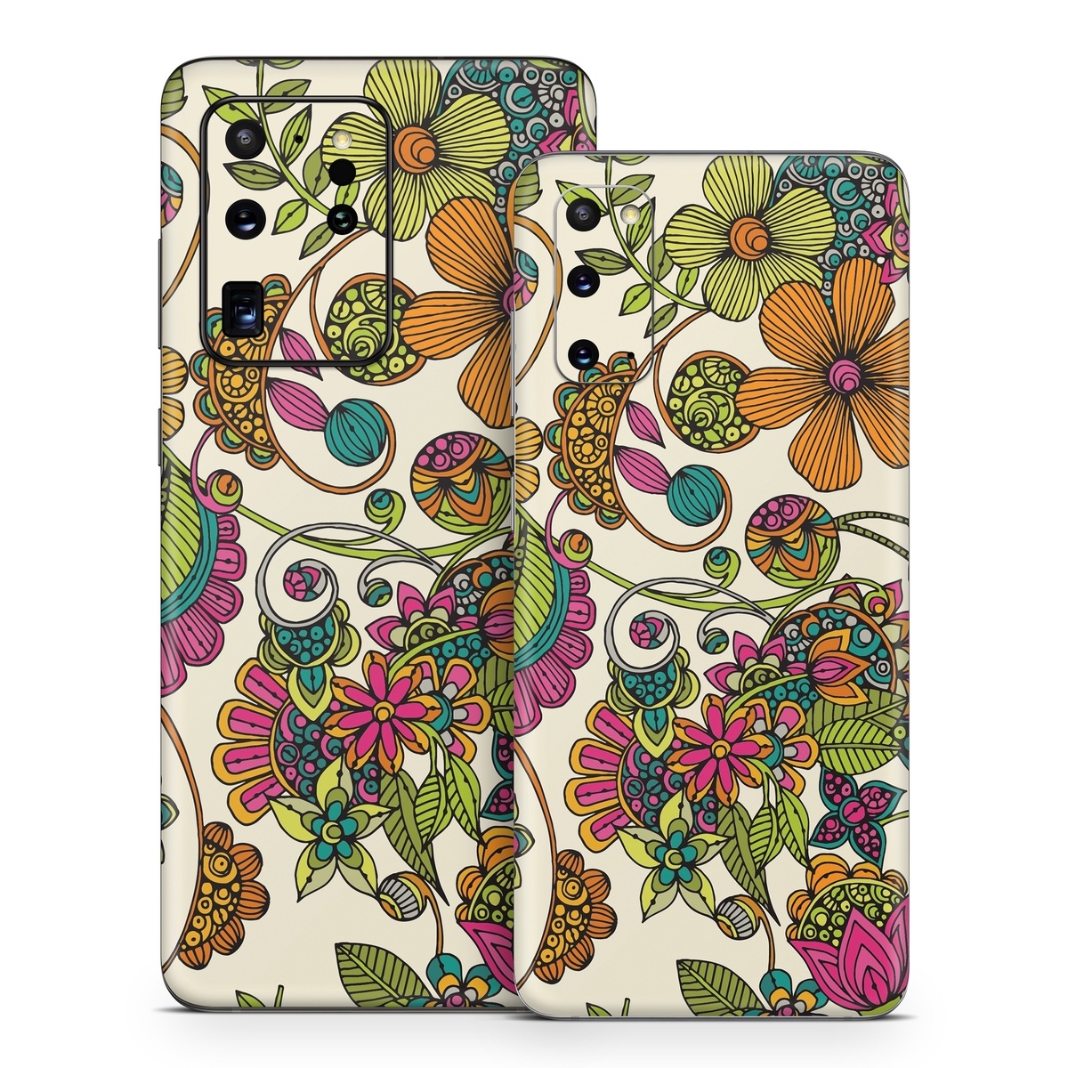 Samsung Galaxy S20 Series Skin design of Pattern, Floral design, Motif, Design, Visual arts, Botany, Pedicel, Flower, Plant, Textile, with green, pink, orange, blue colors