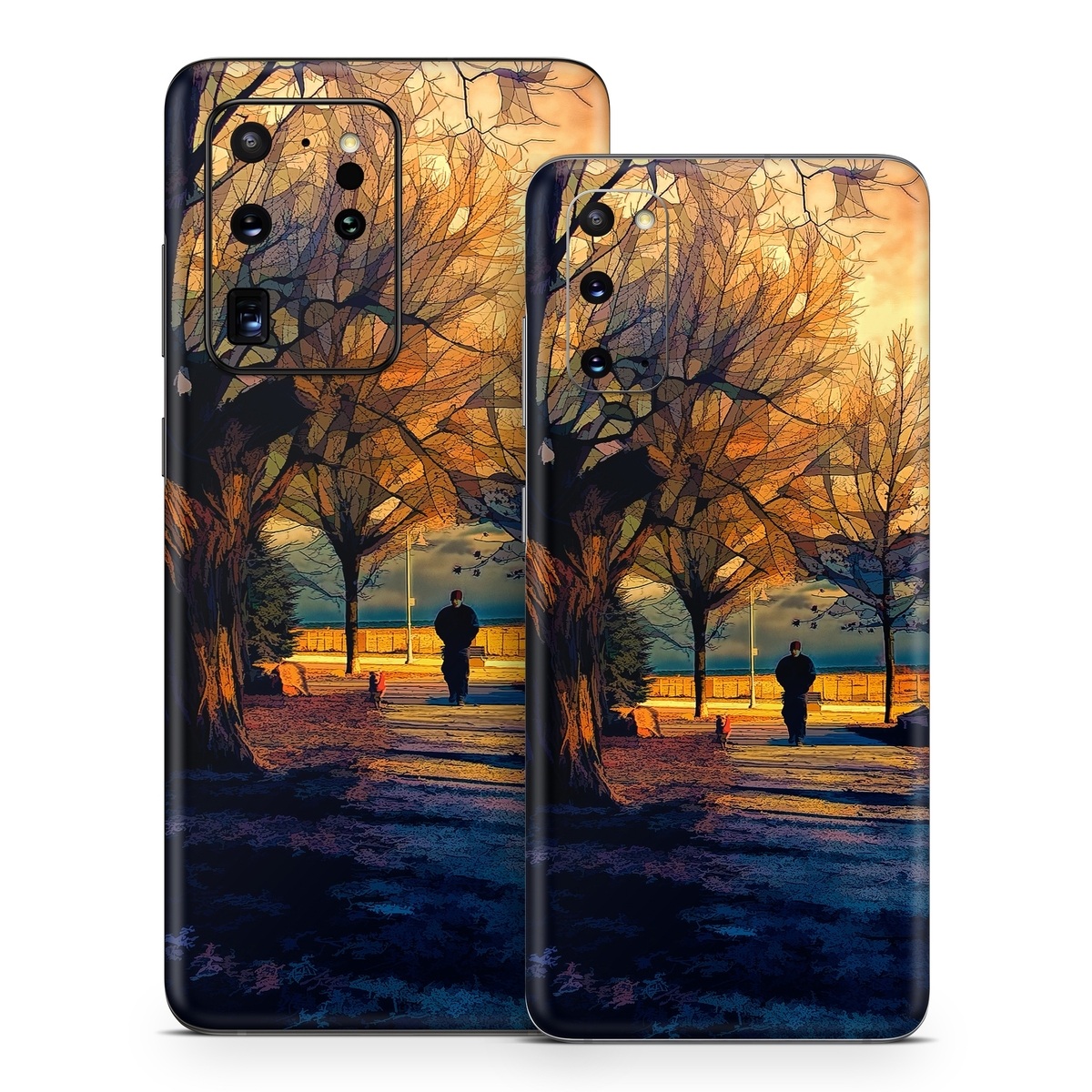 Samsung Galaxy S20 Series Skin design of Sky, Nature, Natural landscape, Tree, Cloud, Sunset, Evening, Morning, Sunrise, Horizon, with black, brown, yellow, orange, blue colors