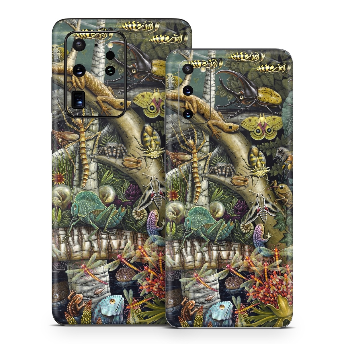 Samsung Galaxy S20 Series Skin design of Strategy video game, Mythology, Art, Games, Plant, Painting, Adventure game, Jungle, Fictional character, Nepenthes, with green, brown, red, yellow, gray, blue, white colors