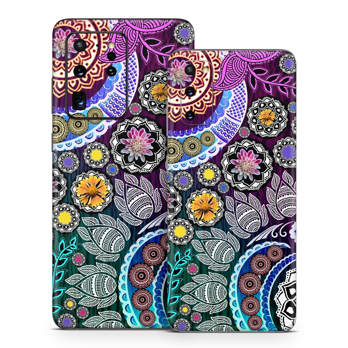 Samsung Galaxy S20 Series Skin design of Pattern, Psychedelic art, Art, Visual arts, Design, Floral design, Textile, Motif, Circle, Illustration, with black, gray, purple, blue, green, red colors