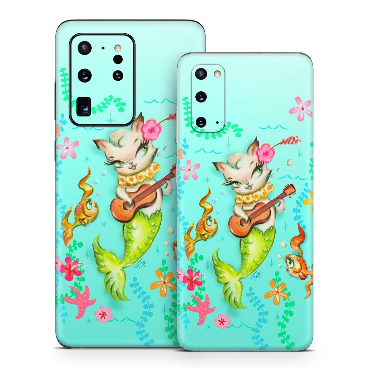 Samsung Galaxy S20 Series Skin design of Fictional character, Illustration, Mermaid, Mythical creature, Clip art, Art, with blue, green, pink, yellow, orange, white, gray, brown colors