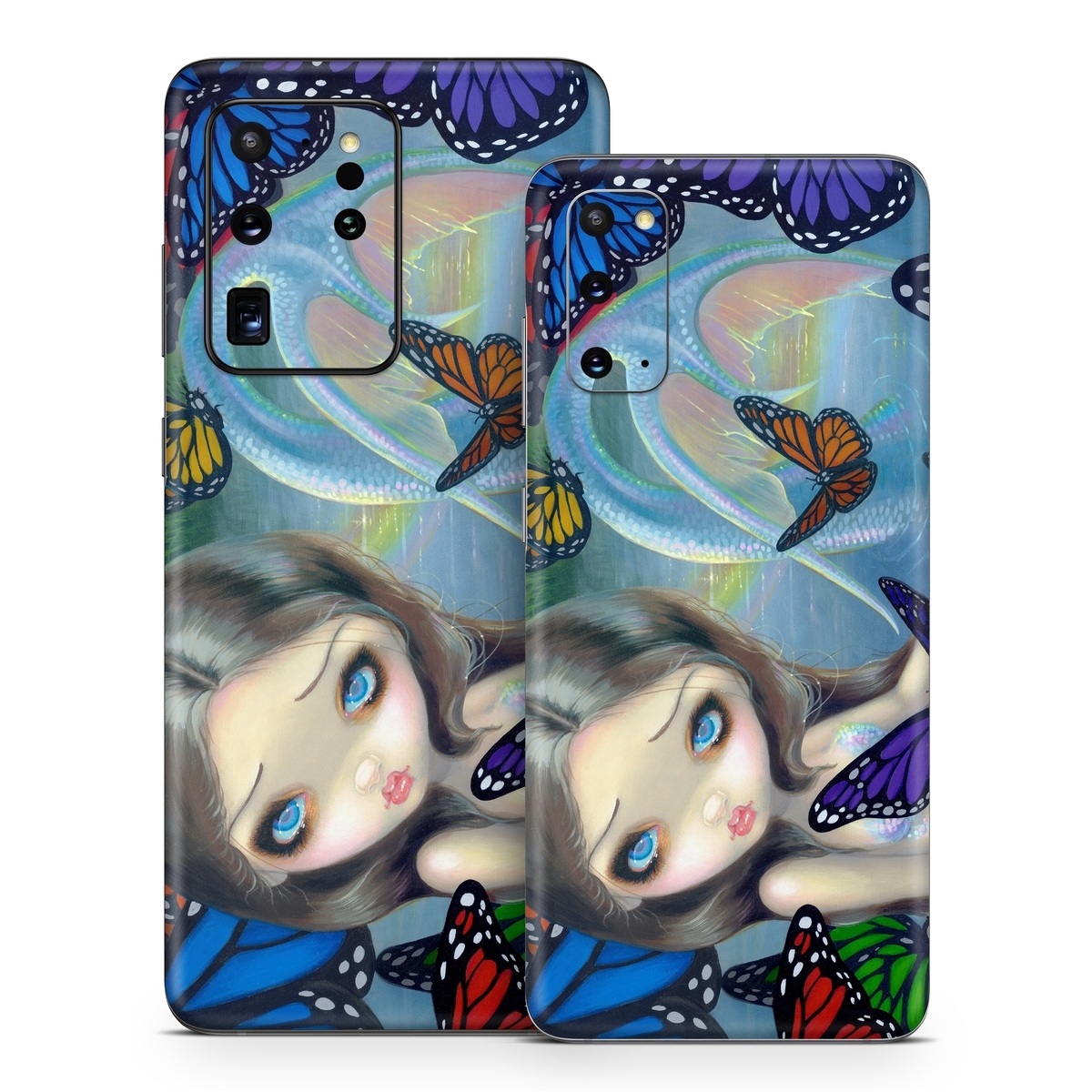 Samsung Galaxy S20 Series Skin design of Butterfly, Insect, Monarch butterfly, Moths and butterflies, Cynthia (subgenus), Invertebrate, Pollinator, Brush-footed butterfly, Organism, Art, with gray, black, blue, red, pink colors