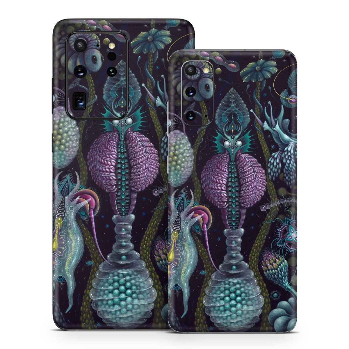Samsung Galaxy S20 Series Skin design of Organism, Pattern, Art, Illustration, Fractal art, Psychedelic art, Design, Visual arts, Plant, Modern art, with black, green, purple, pink, yellow, blue colors