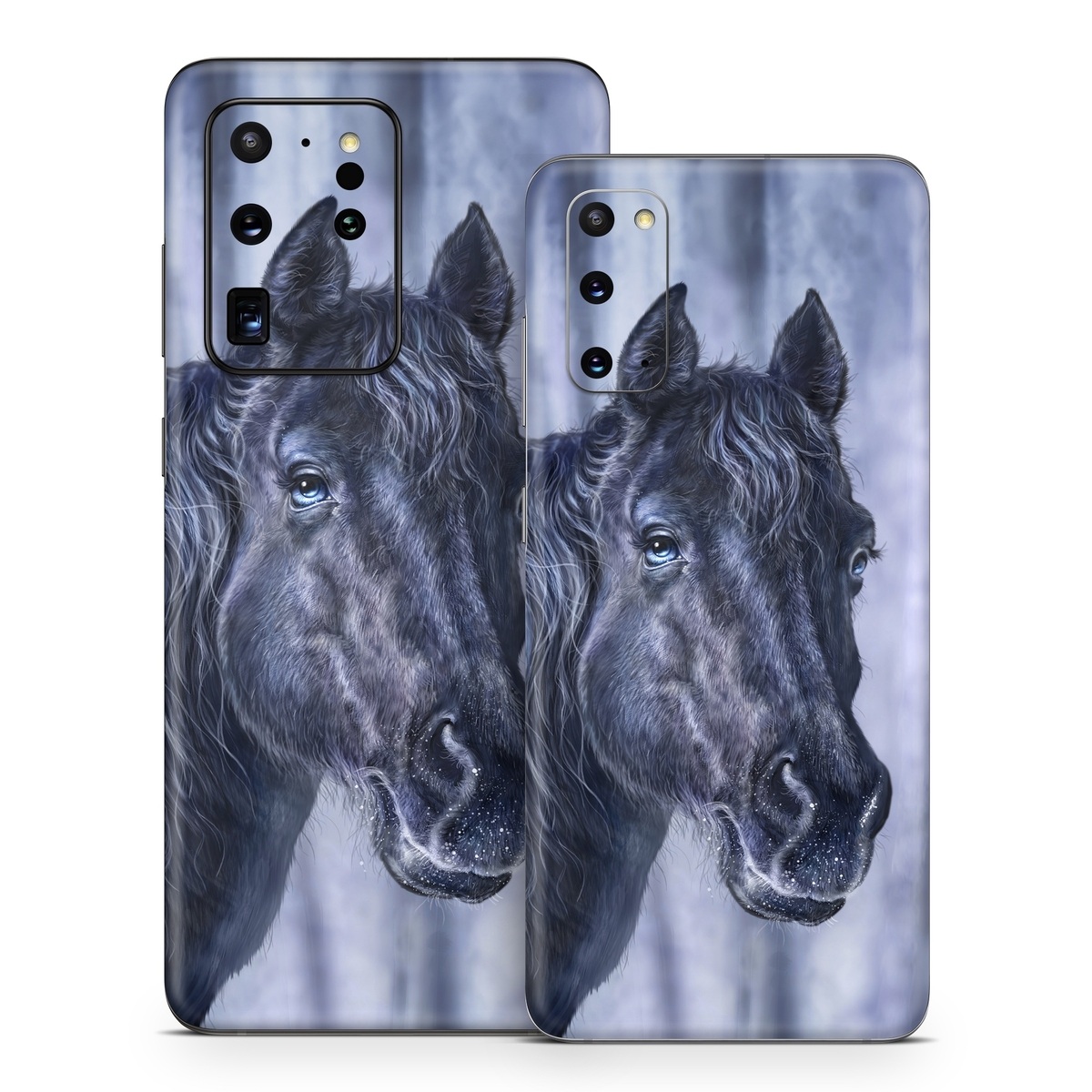 Samsung Galaxy S20 Series Skin design of Horse, Mammal, Vertebrate, Hair, Mane, Stallion, Snout, Mare, Mustang horse, Livestock, with black, white, blue colors
