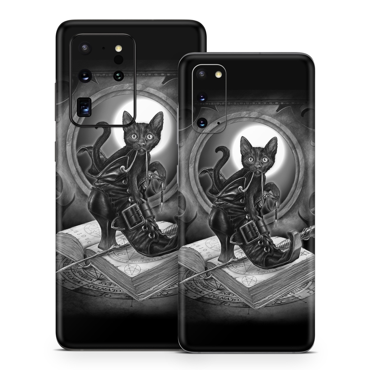 Samsung Galaxy S20 Series Skin design of Cat, Boot, Book, Wand, Shoelace, Mirror, with black, white, gray colors