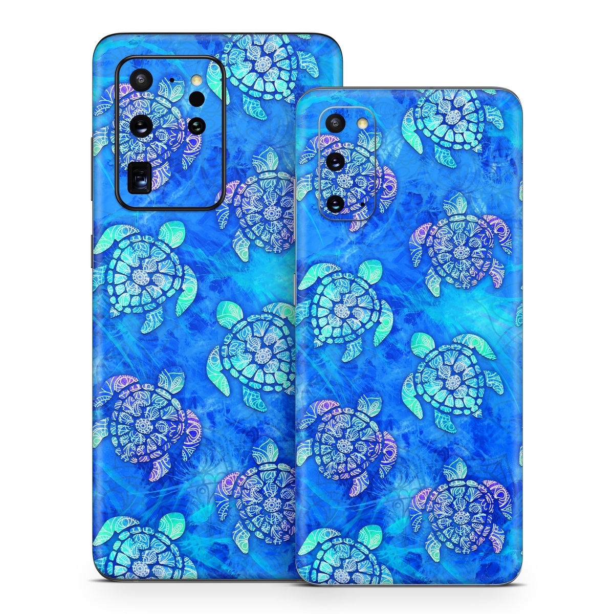 Samsung Galaxy S20 Series Skin design of Blue, Pattern, Organism, Design, Sea turtle, Plant, Electric blue, Hydrangea, Flower, Symmetry, with blue, green, purple colors
