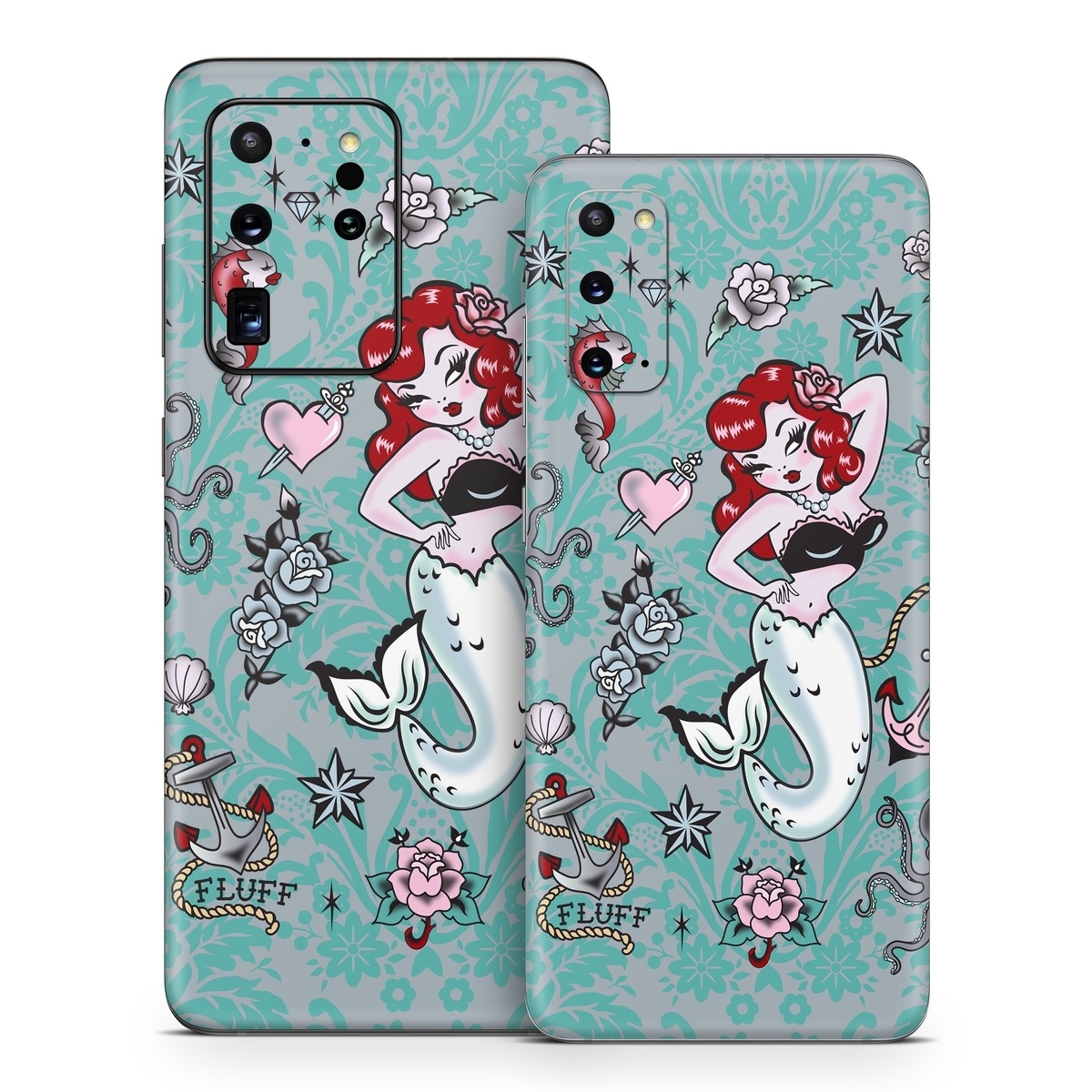 Samsung Galaxy S20 Series Skin design of Mermaid, Illustration, Fictional character, Organism, Art, Pattern, Style, with gray, blue, black, red, white, pink colors