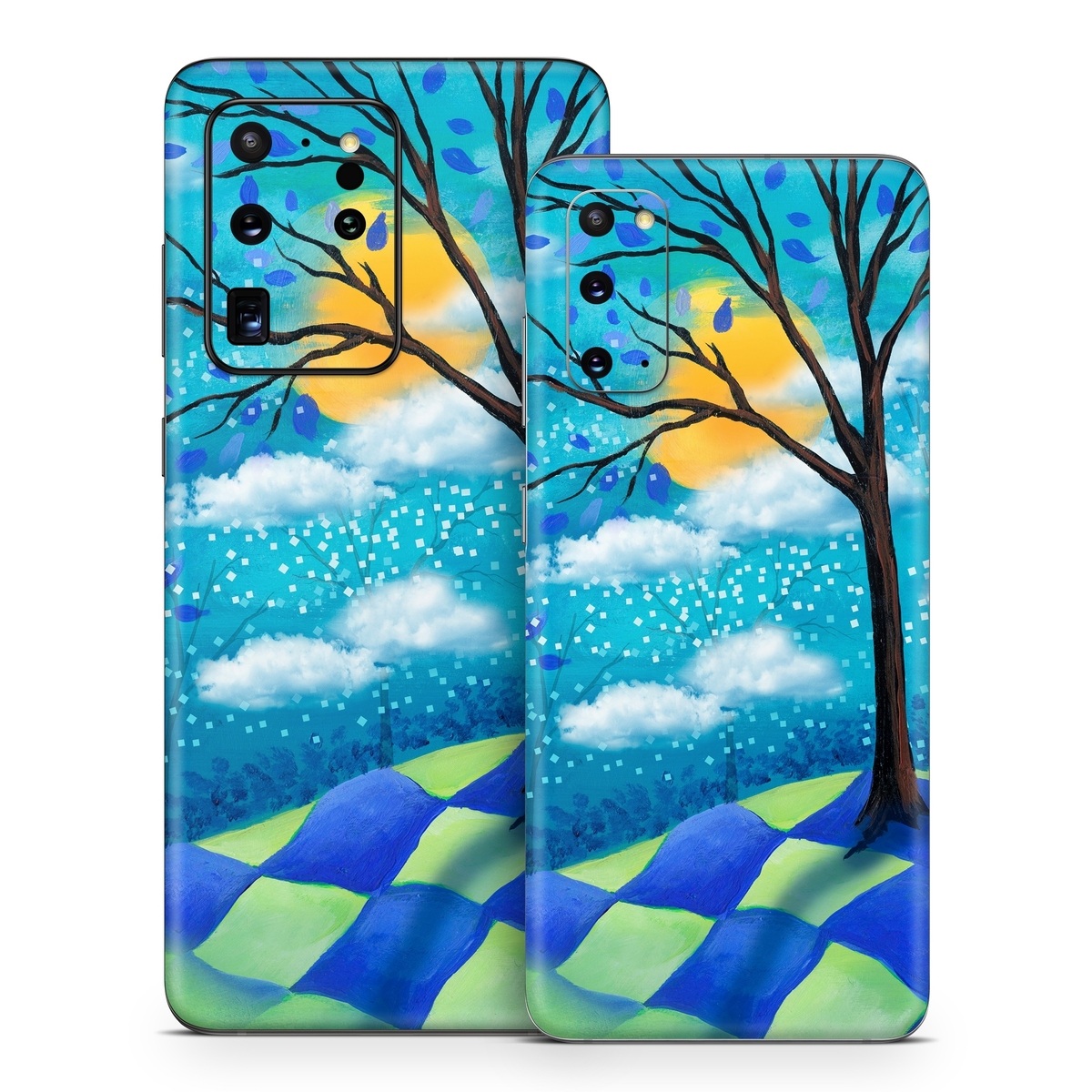 Samsung Galaxy S20 Series Skin design of Natural landscape, Nature, Blue, Tree, Sky, Branch, Spring, Woody plant, Plant, Leaf, with blue, gray, black, purple, green colors
