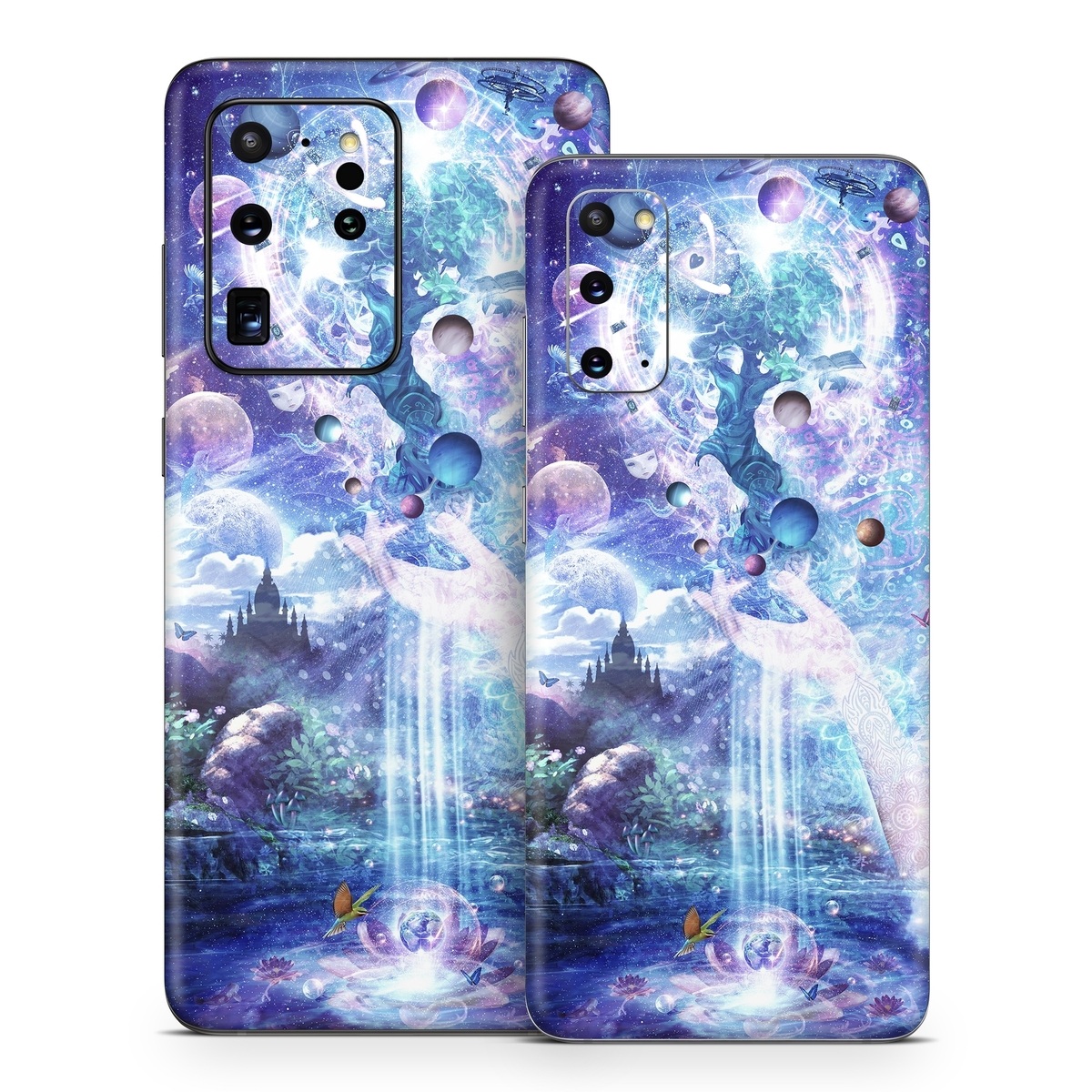 Samsung Galaxy S20 Series Skin design of Bird, Butterfly, Planets, Deer, Space, Purple, World, Astronomical Object, Cg Artwork, Illustration, Universe, Painting, Fictional Character, Outer Space, Astronomy, Science, Water Feature, Graphic Design, Graphics, Star, Mythology, with blue, purple, white, black, gray, green colors
