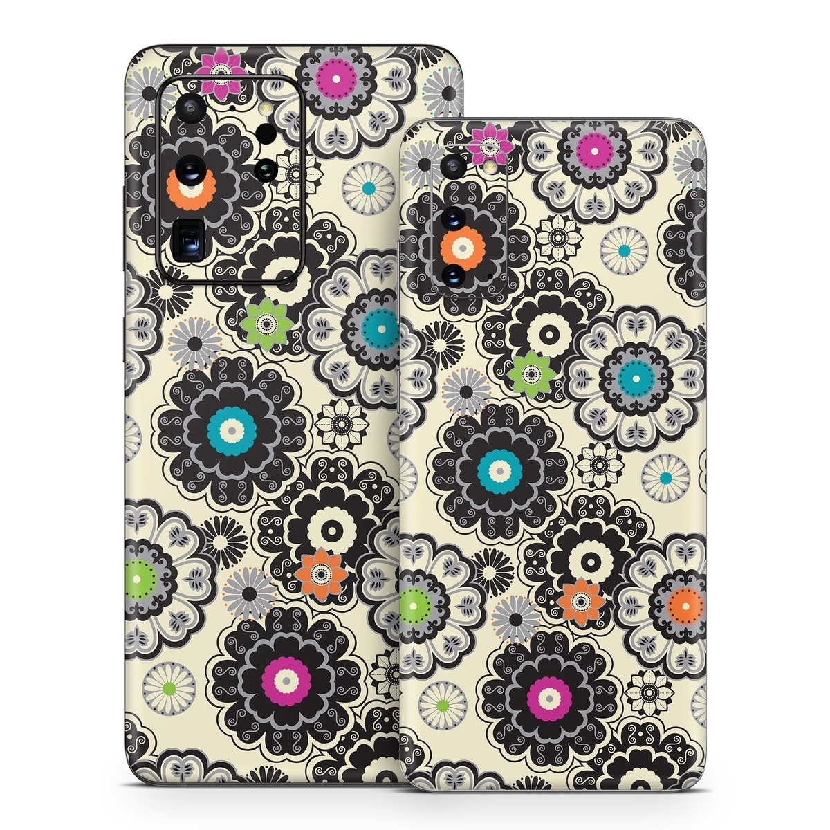 Samsung Galaxy S20 Series Skin design of Pattern, Circle, Design, Visual arts, Floral design, Textile, Psychedelic art, Art, Plant, with gray, black, pink, green, purple colors