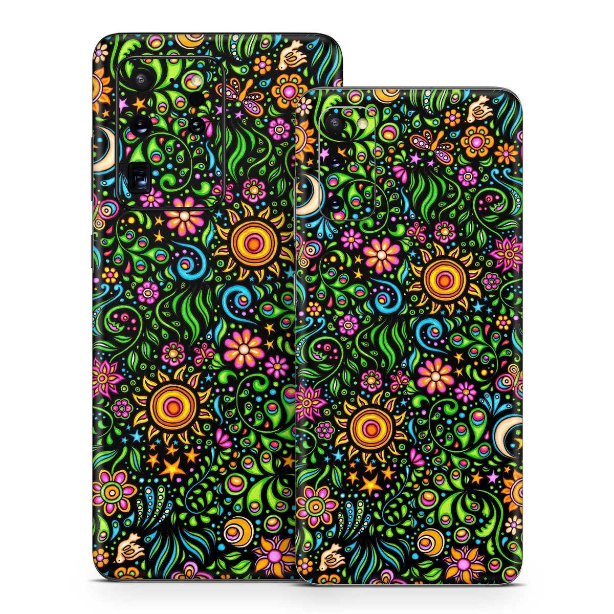 Samsung Galaxy S20 Series Skin design of Pattern, Psychedelic art, Visual arts, Art, Design, Motif, Organism, Circle, Textile, Plant, with black, red, green, blue, purple colors