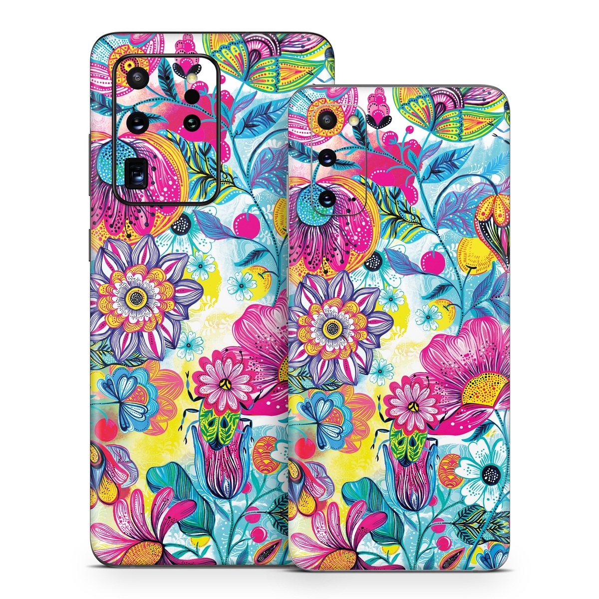 Samsung Galaxy S20 Series Skin design of Pattern, Floral design, Textile, Design, Flower, Wildflower, Visual arts, Plant, Wrapping paper, with blue, pink, purple, green, yellow, orange, white colors