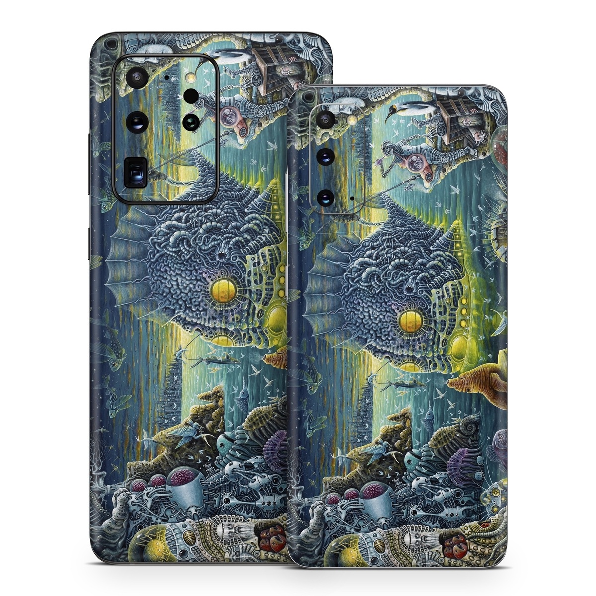 Samsung Galaxy S20 Series Skin design of Organism, Water, Illustration, Art, Painting, Cg artwork, Fiction, Fictional character, Marine biology, Mythology, with black, gray, blue, green colors