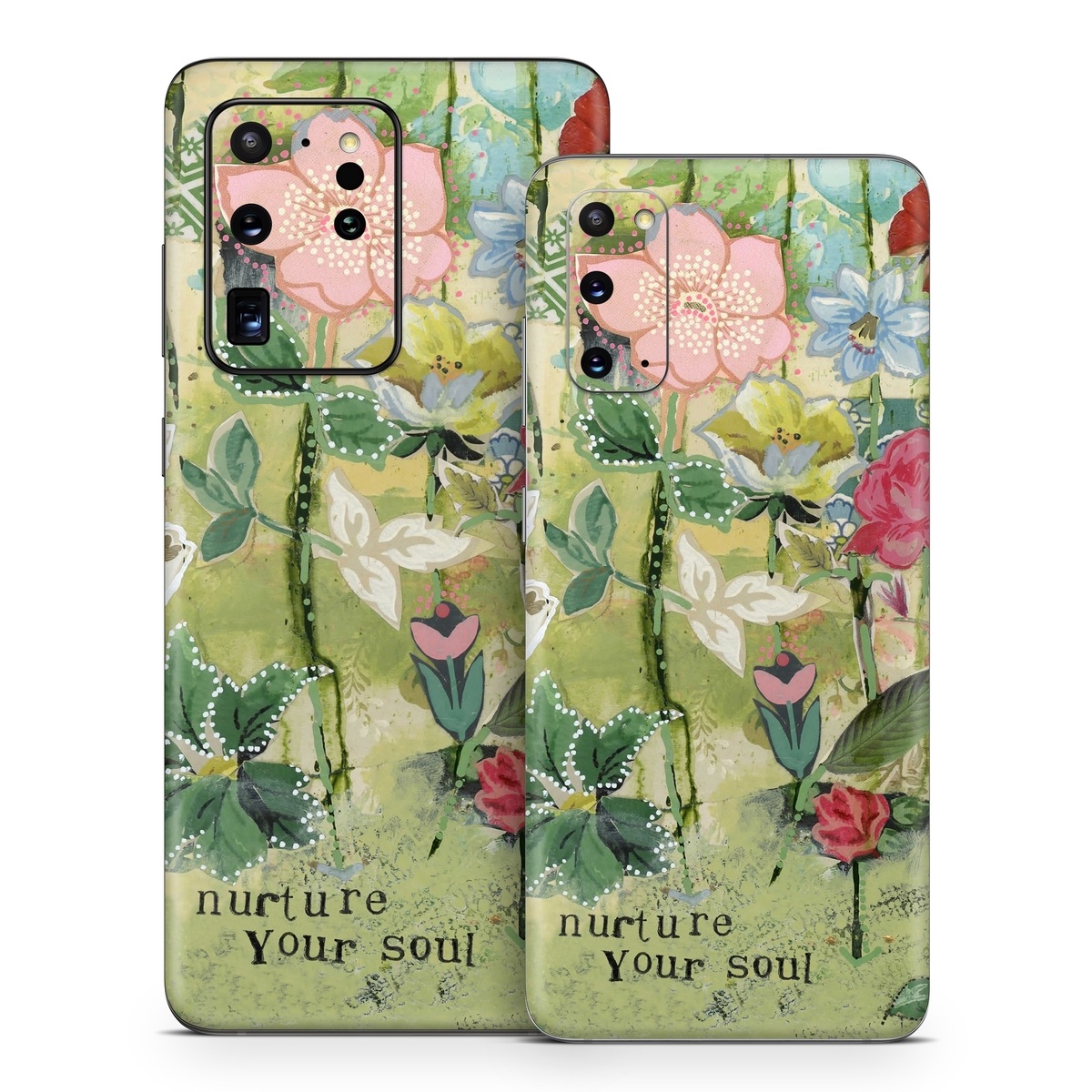 Samsung Galaxy S20 Series Skin design of Flower, Plant, Botany, Pink, Wildflower, Flowering plant, Watercolor paint, Petal, Floral design, Pattern, with green, pink, red, blue, white, black colors