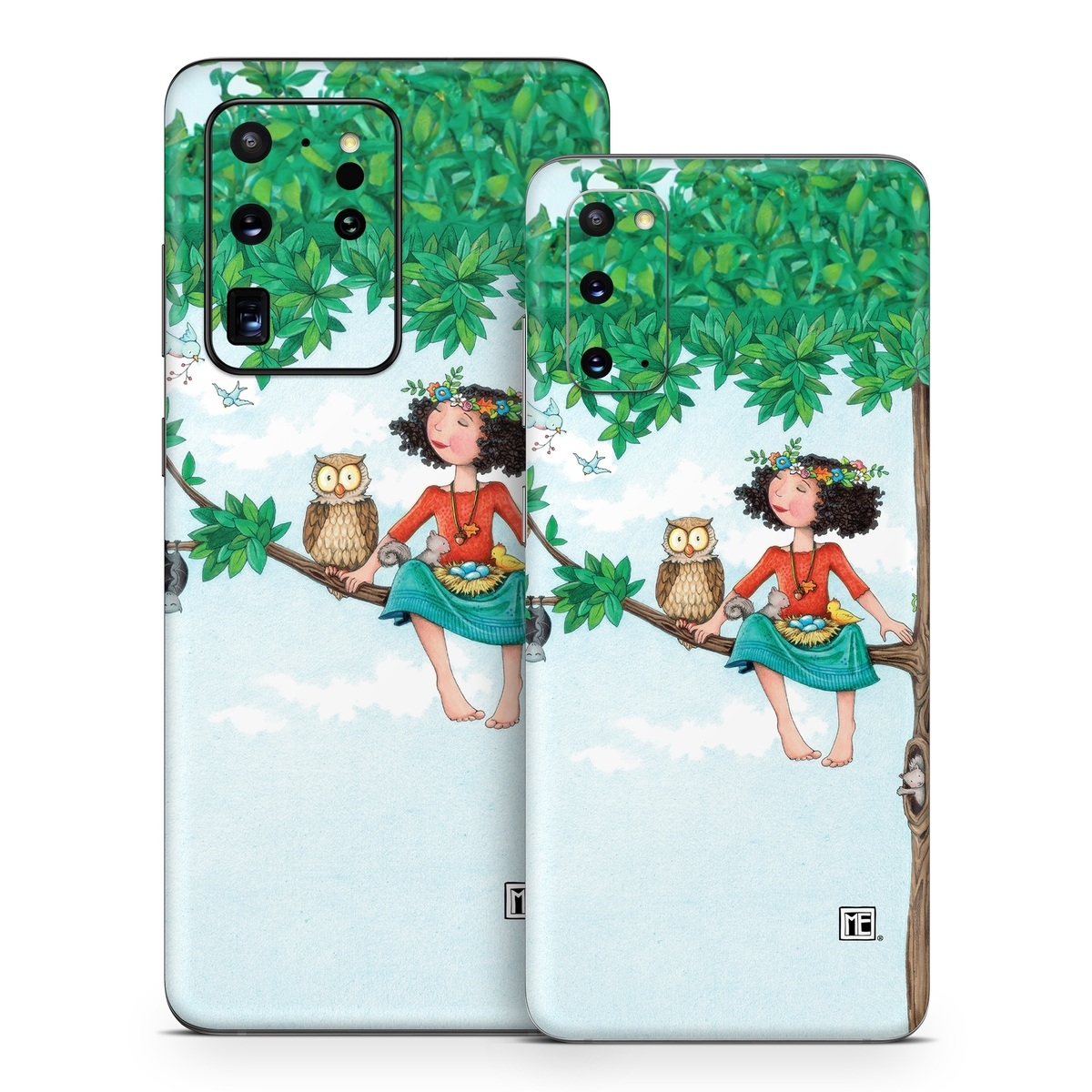 Samsung Galaxy S20 Series Skin design of Cartoon, Illustration, Branch, Bird, Owl, Tree, Art, Plant, Clip art, Fictional character, with blue, gray, red, black, white, green colors