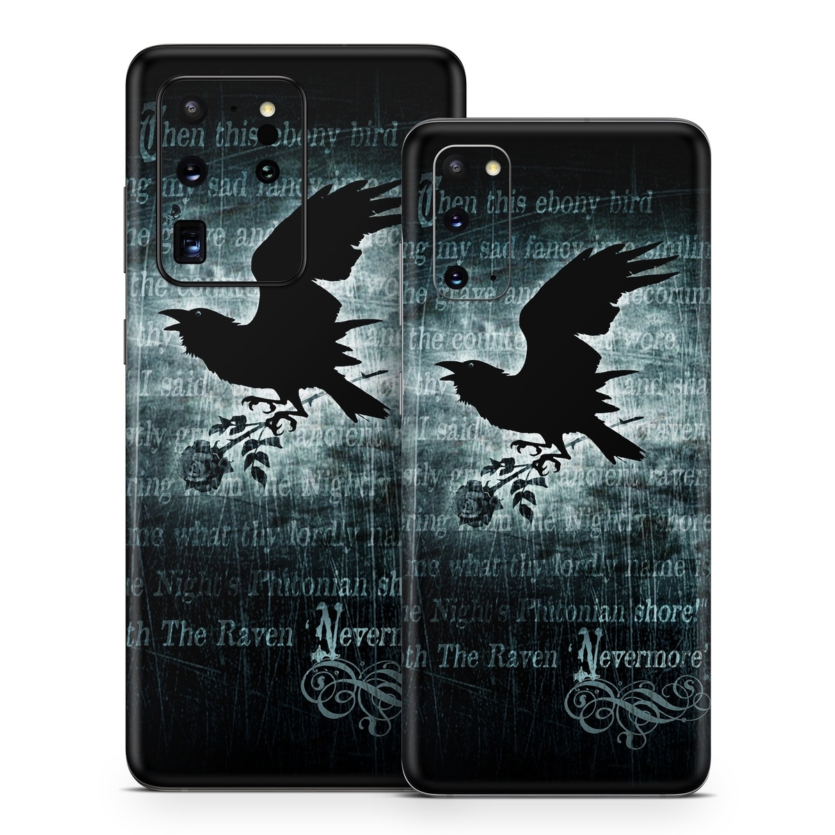 Samsung Galaxy S20 Series Skin design of Bird, Text, Wing, Graphic design, Darkness, Font, Illustration, Graphics, with black, white, blue colors