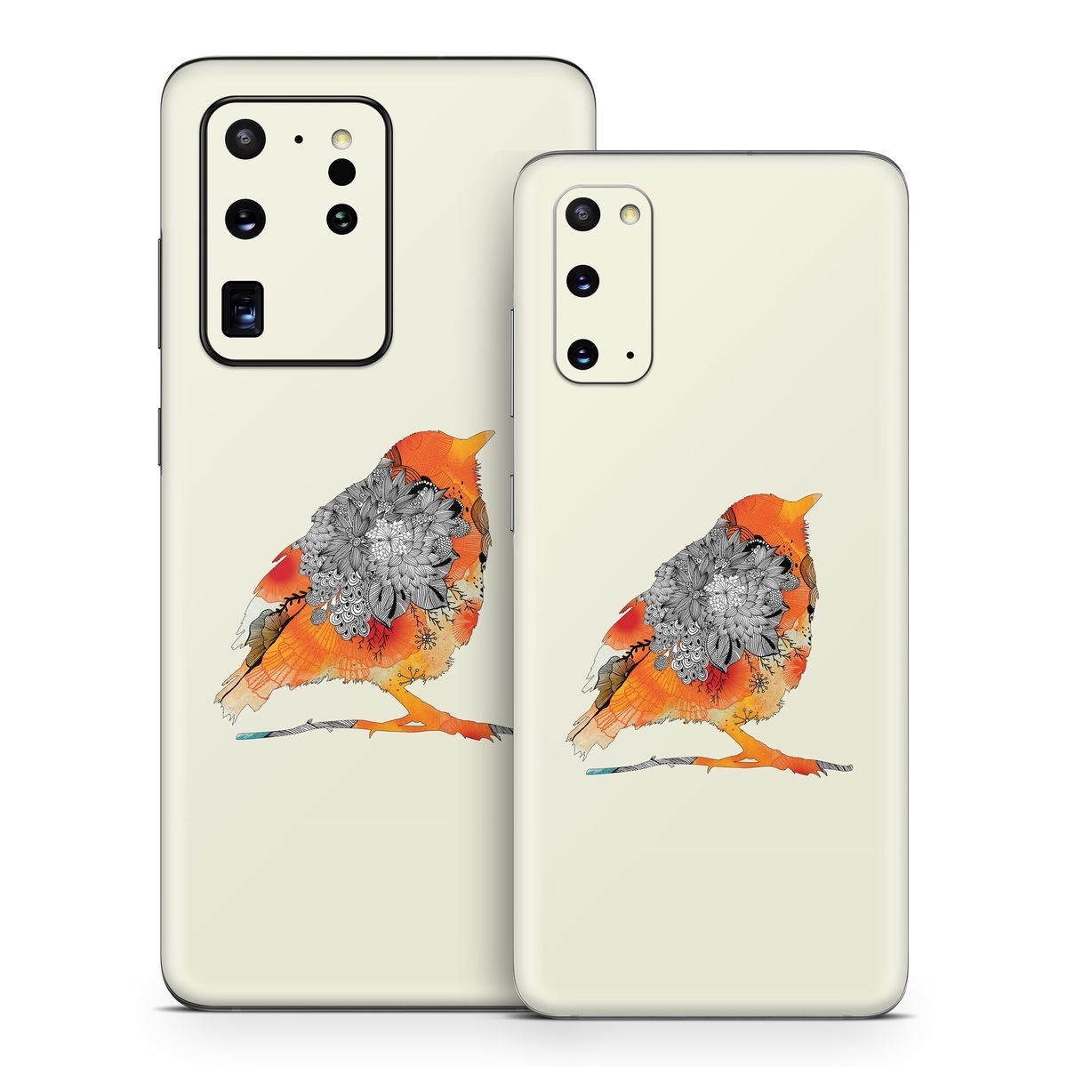 Samsung Galaxy S20 Series Skin design of European robin, Orange, Bird, Illustration, Old World flycatcher, Drawing, Songbird, Perching bird, robin, Sketch, with gray, yellow, green, red, black colors
