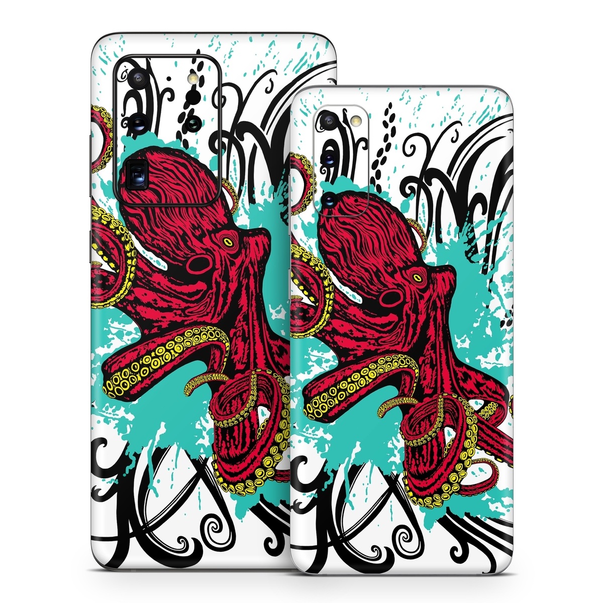 Samsung Galaxy S20 Series Skin design of Graphic design, Illustration, Visual arts, Octopus, Design, Art, Fictional character, Pattern, Clip art, Line art, with black, white, gray, red, blue, green colors