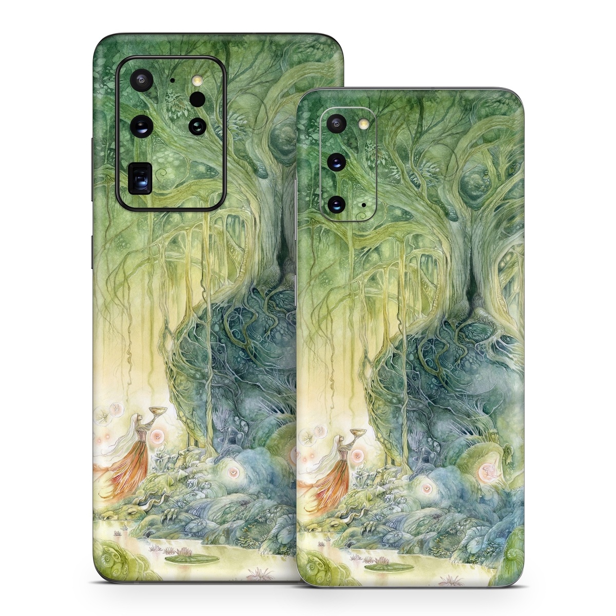 Samsung Galaxy S20 Series Skin design of Green, Watercolor paint, Painting, Water, Art, Illustration, Grass, Tree, Plant, Fictional character, with blue, green, red, yellow colors