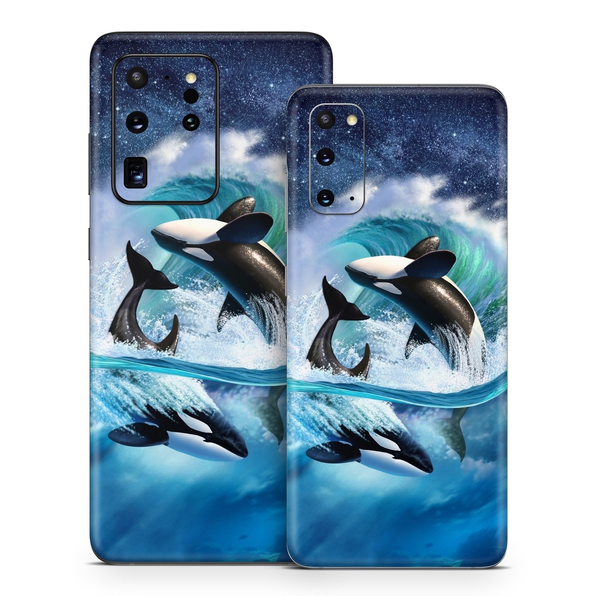 Samsung Galaxy S20 Series Skin design of Dolphin, Short-beaked common dolphin, Sky, Cetacea, Killer whale, Marine mammal, Water, Illustration, Bottlenose dolphin, Common bottlenose dolphin, with black, blue, white, green colors
